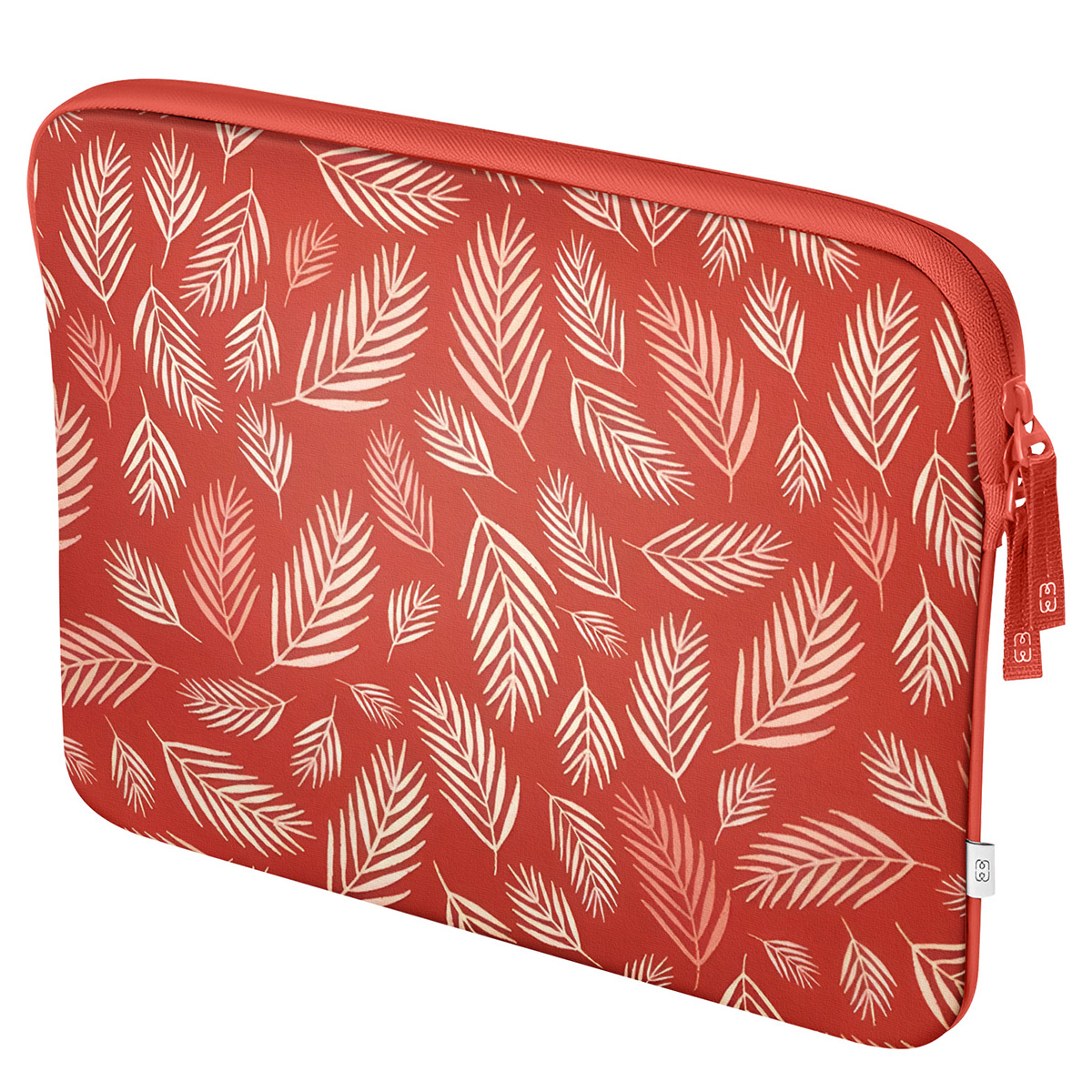 Red laptop sleeve with white leaf pattern and zipper.
