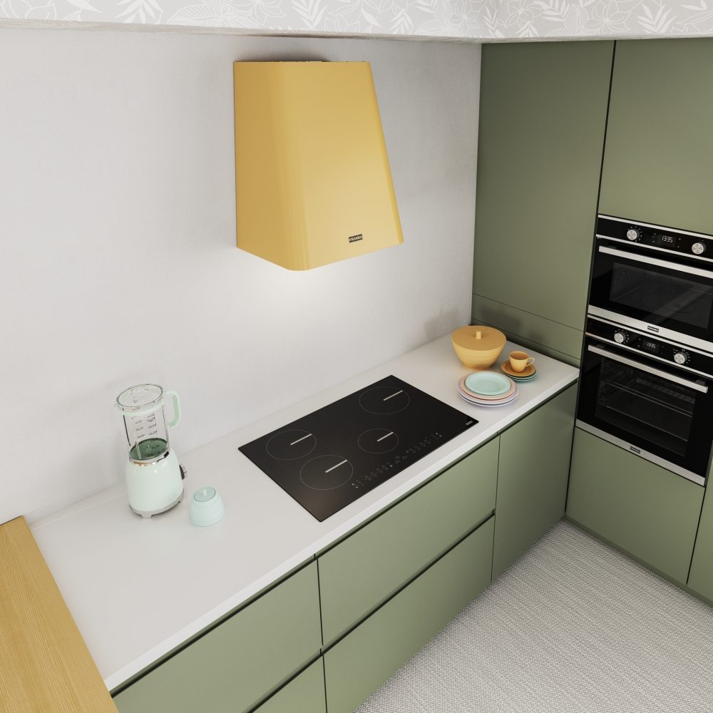 Een moderne keuken met een kookplaat, oven en afzuigkap. De kleuren zijn olijfgroen en wit.