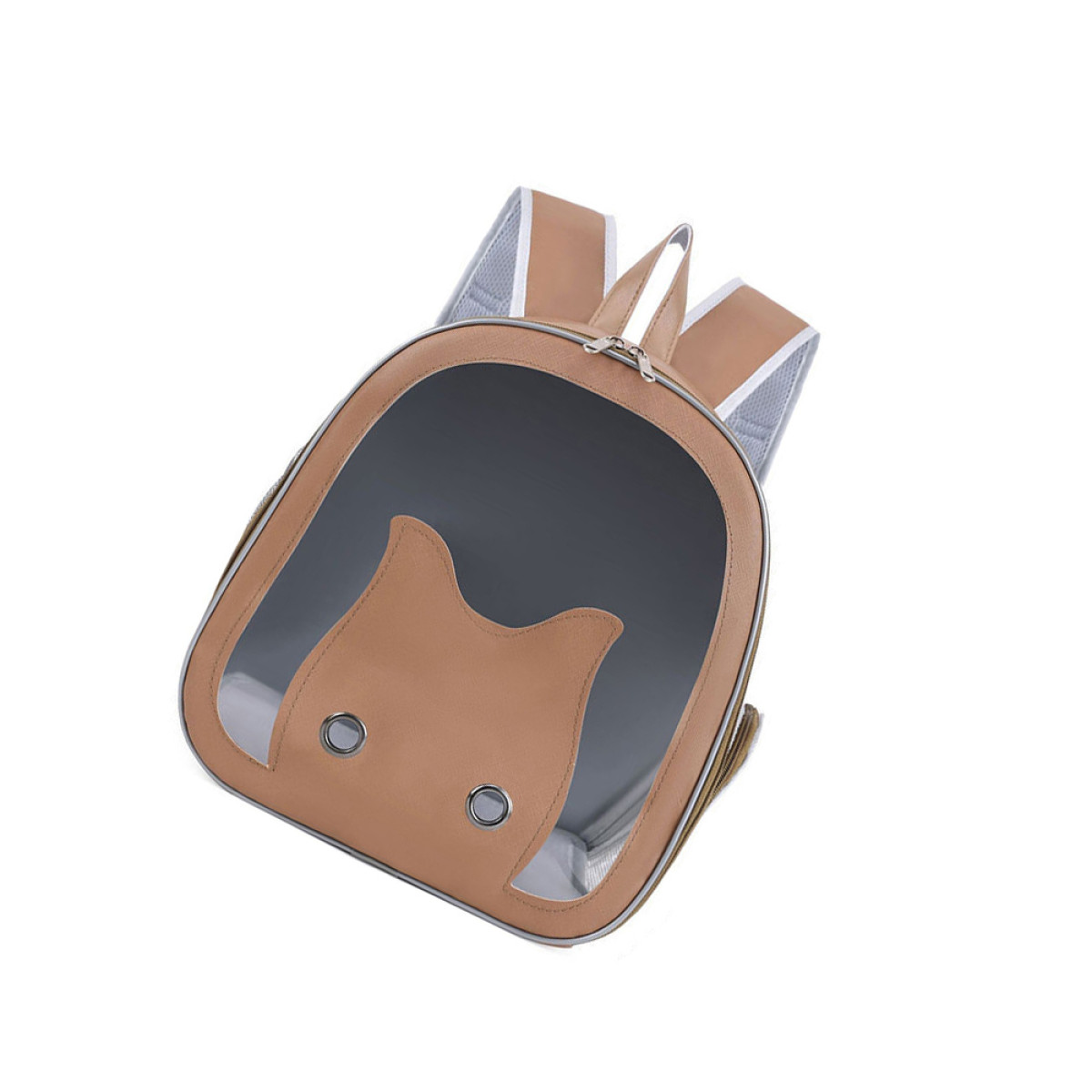 Tan huisdier rugzak met helder venster en kattengezicht ontwerp, schuine weergave met schouderbanden en zijvak.