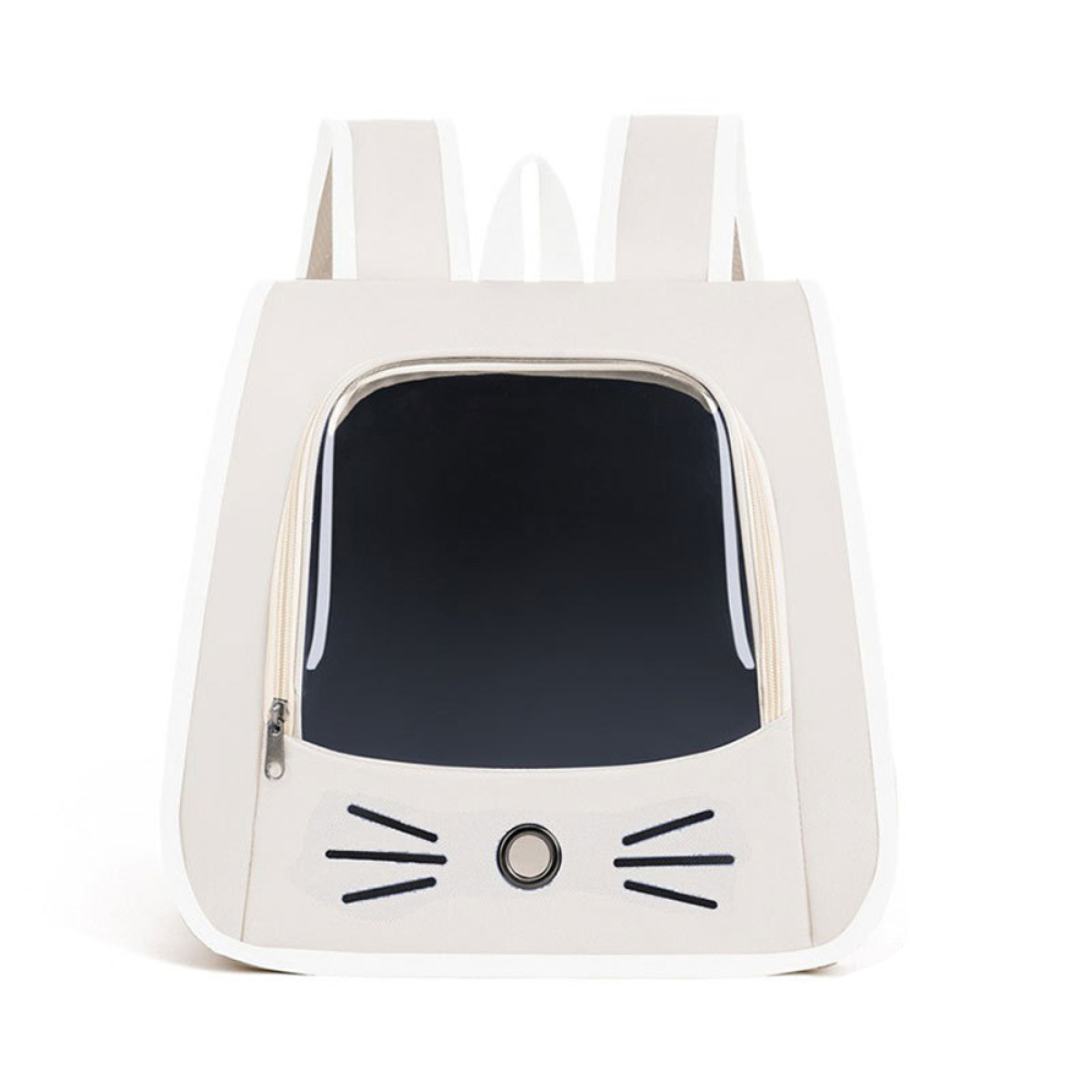Una mochila para gatos gris claro con ventana transparente, cremallera y detalles de cara de gato.