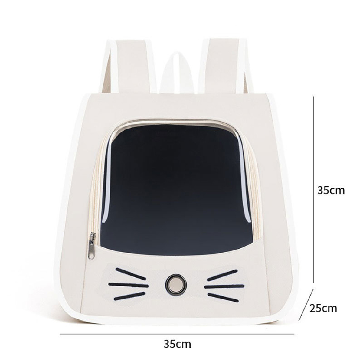 Mochila para gatos gris claro con ventana frontal transparente y diseño de cara de gato, se muestran las dimensiones.