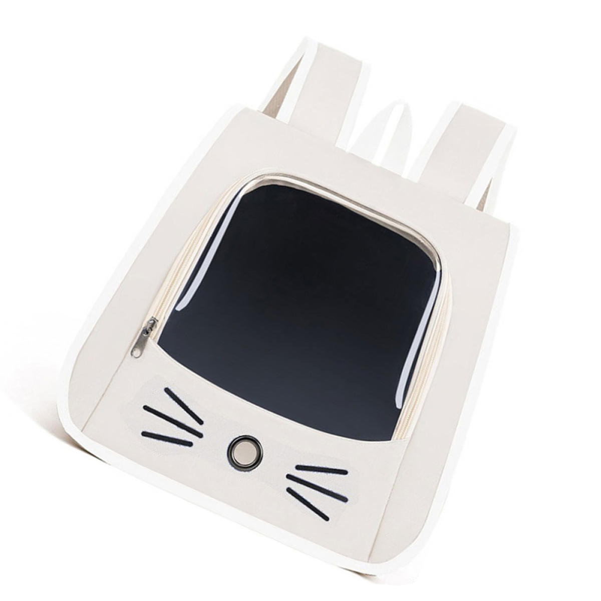 Mochila para mascotas con forma de gato blanco con ventana transparente, cremallera frontal y detalles de cara de gato.