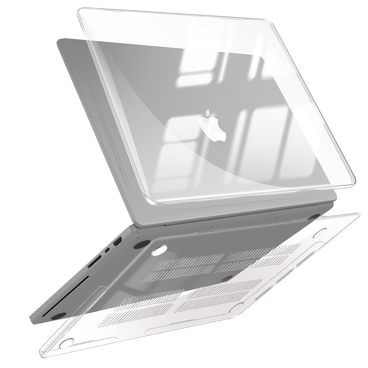 Eine transparente Laptop-Hülle, die Ober- und Unterseite zeigt. Das Apple-Logo ist sichtbar.
