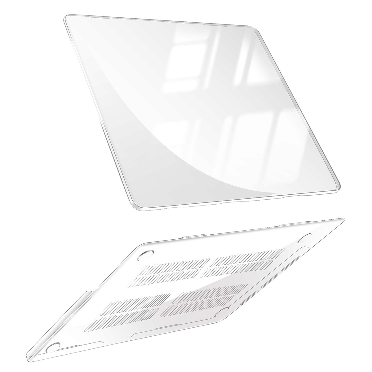 Die transparente Hülle für den Laptop, die Ober- und Unterseite zeigt, vor weißem Hintergrund.