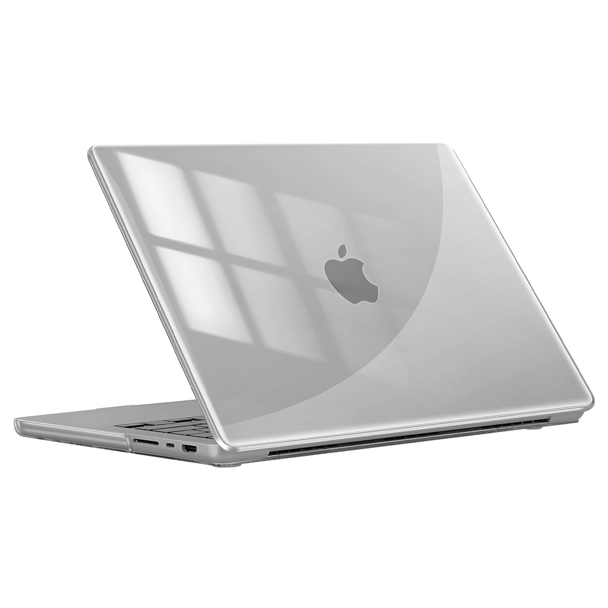 Transparente Laptop-Hülle auf einem silbernen Laptop, mit sichtbarem Apple-Logo.