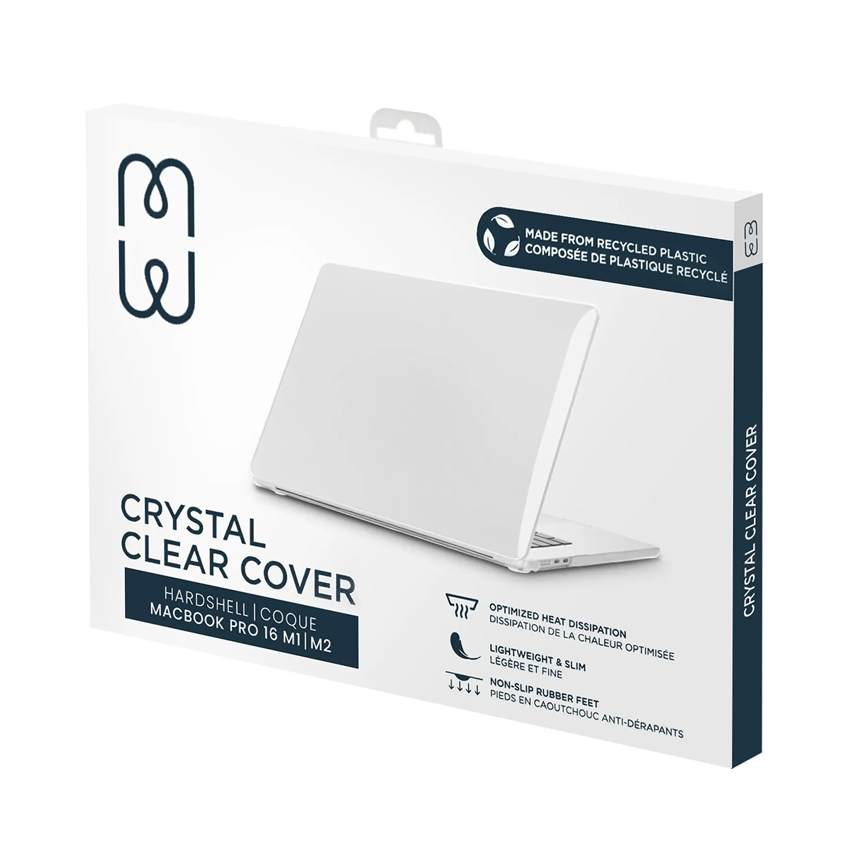 Laptop in einer weißen Box, beschriftet mit 'Crystal Clear Cover', mit einem Laptop-Bild.