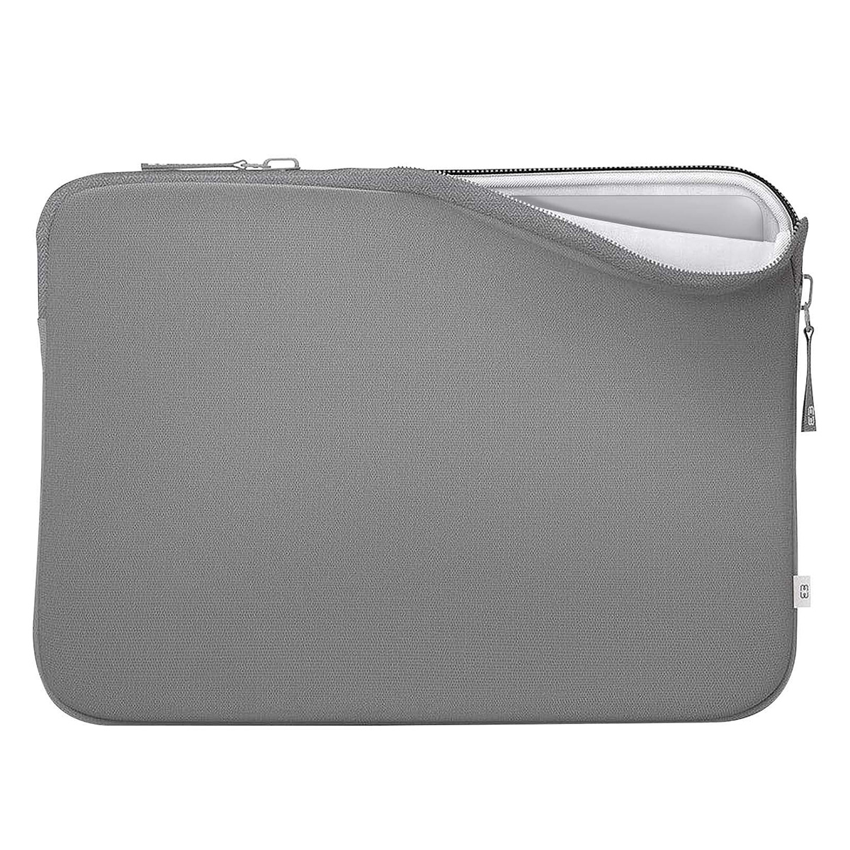 Graue Laptoptasche, teilw. geöffnet, zeigt weißes Innenleben. Reißverschluss rechts.