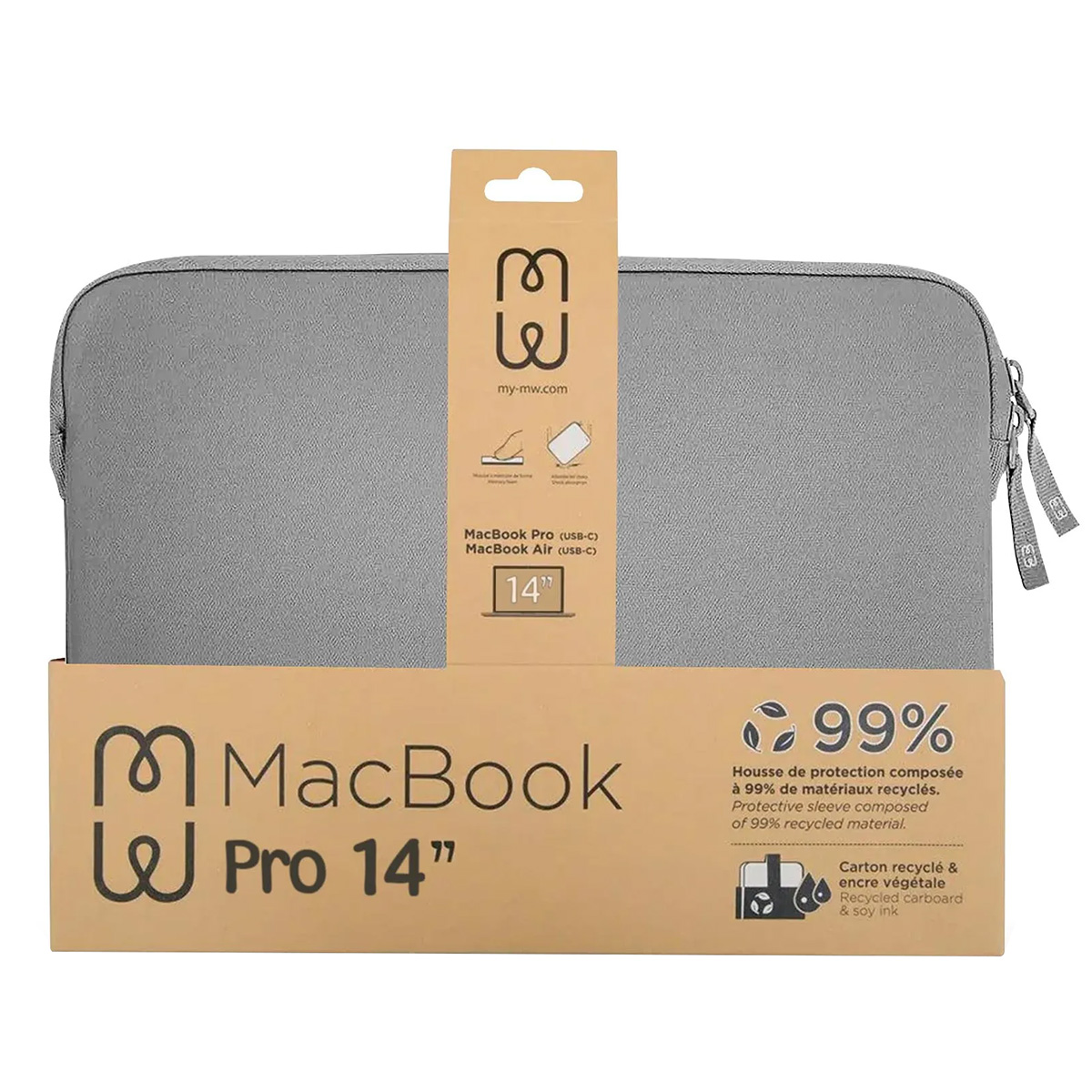 Graue Laptop-Hülle mit Etikett 'MacBook Pro 14"' auf weißem Hintergrund.