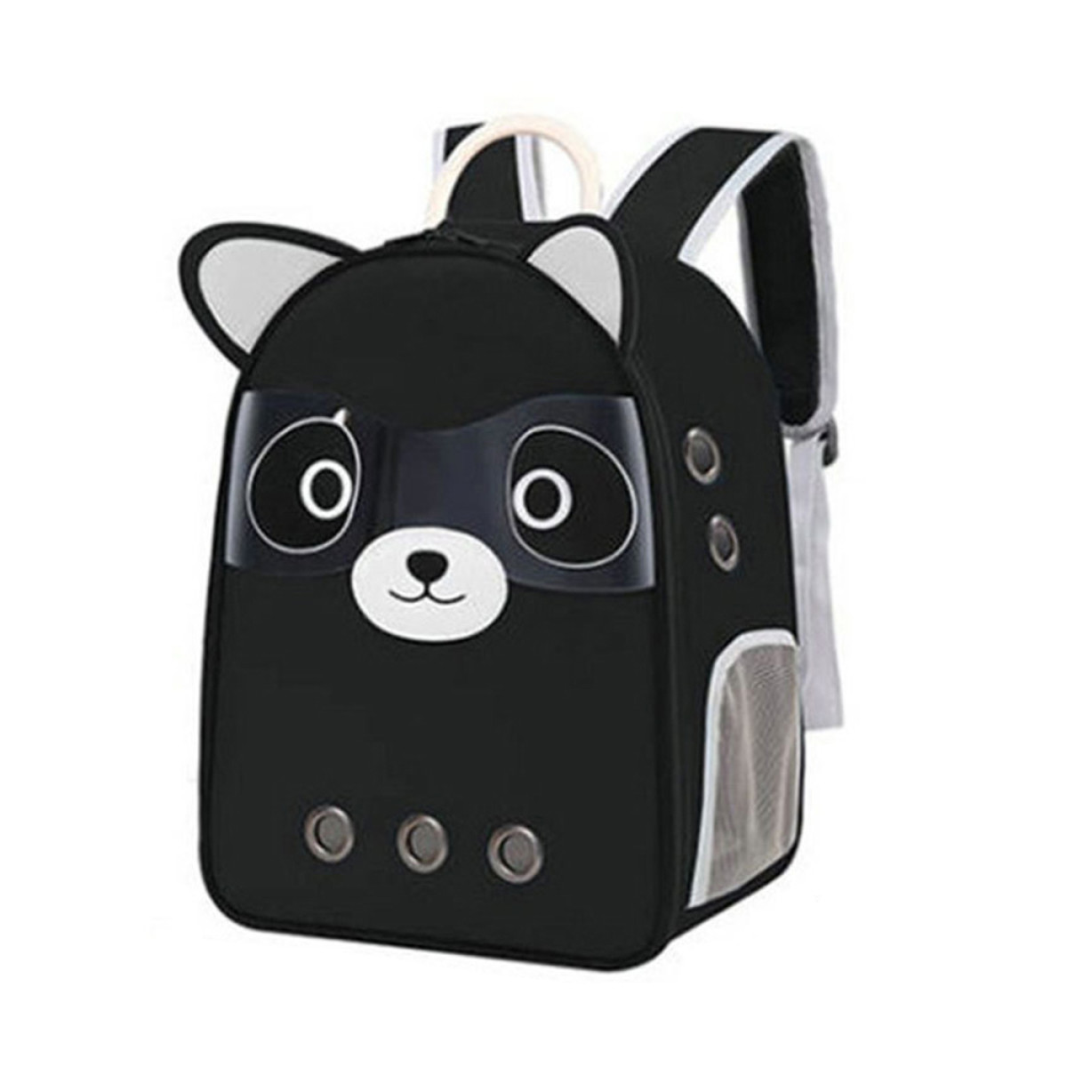 Mochila para mascotas con forma de mapache negro, con ventana frontal transparente y detalles blancos.