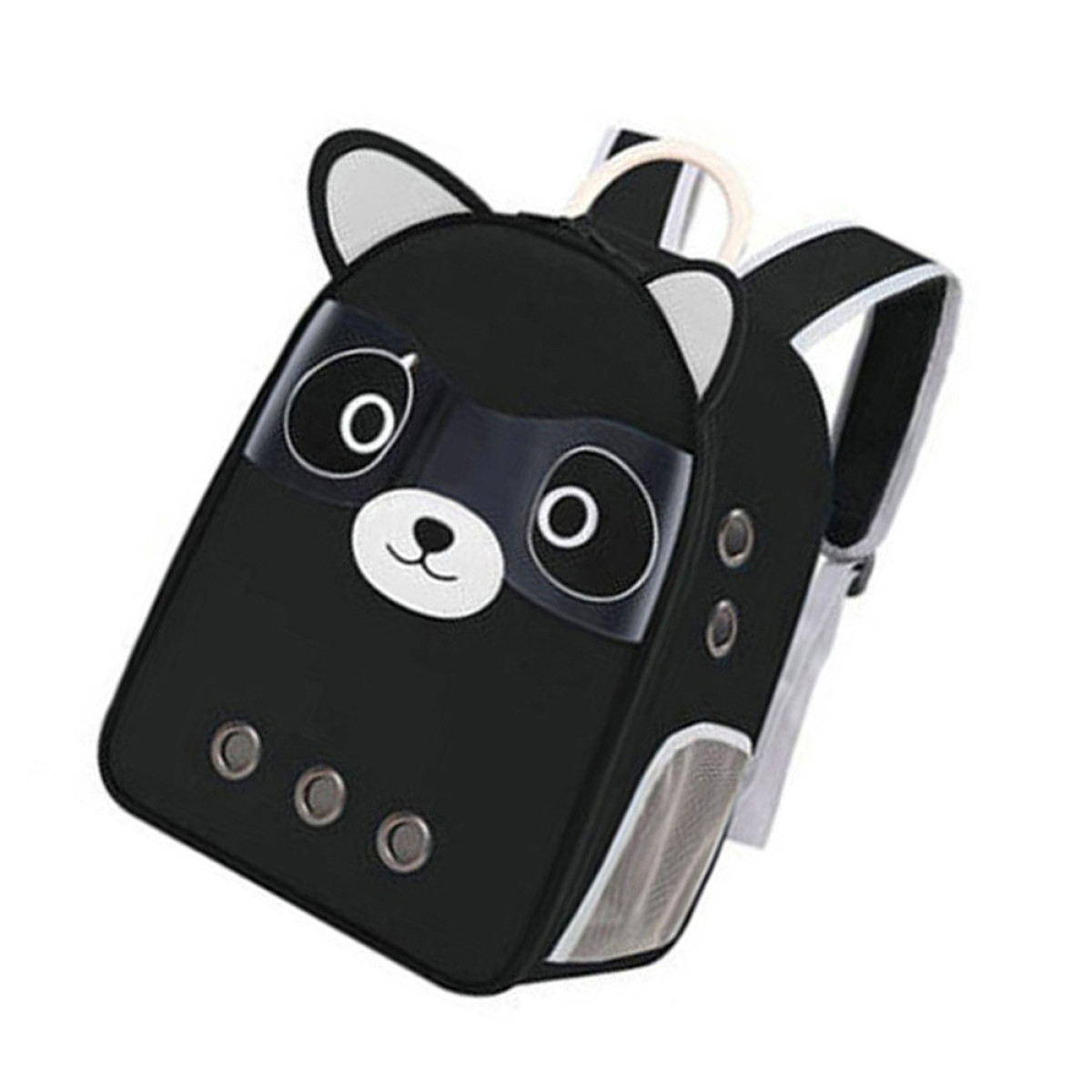 Mochila transportadora para mascotas negra con forma de mapache, ventana transparente y orificios.