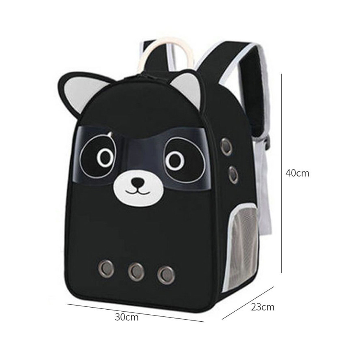 Mochila para mascotas negra con diseño de cara de mapache. Tiene una ventana frontal transparente.