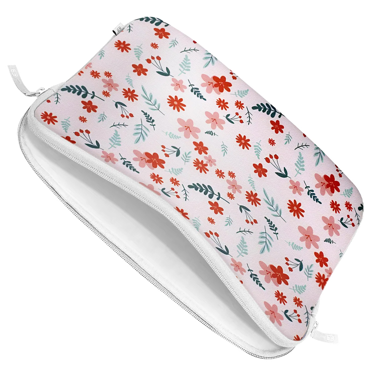Laptop sleeve with a floral pattern on a light pink background. The zipper is open.