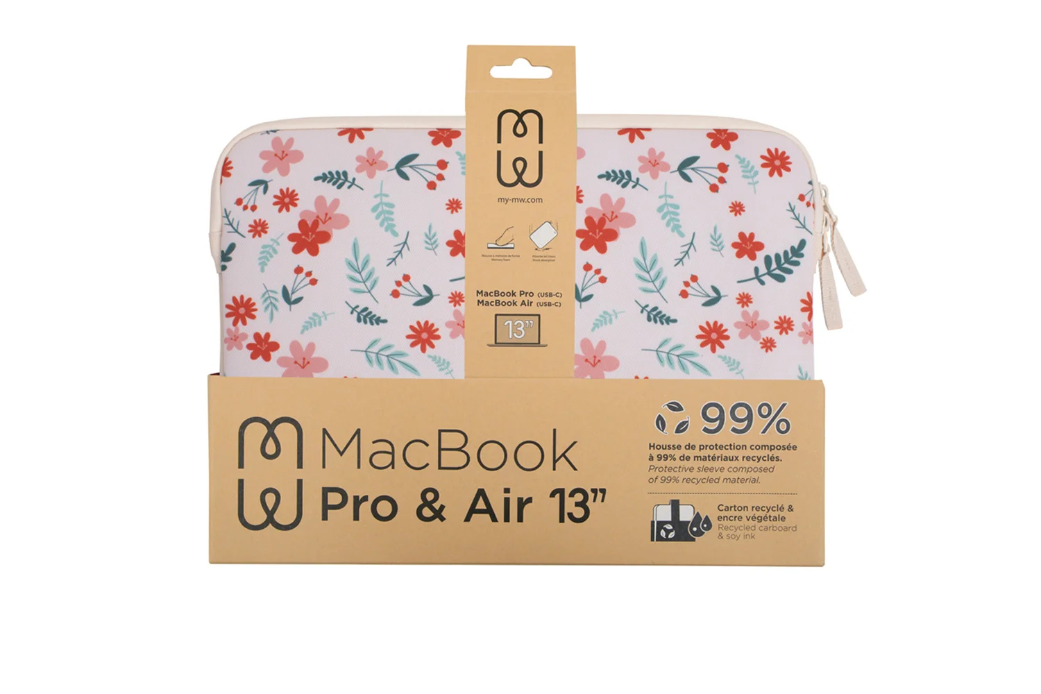 Laptop sleeve with floral pattern, in a box with product info. Contains a MacBook Pro and Air 13".