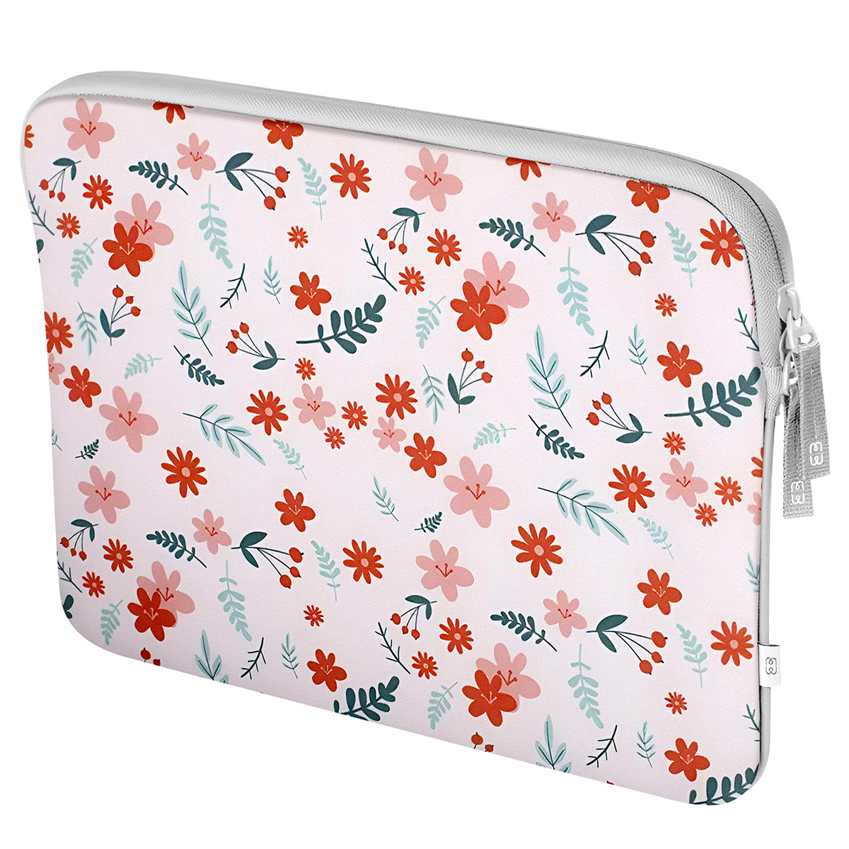 A floral pattern laptop sleeve with a zipper, white background.