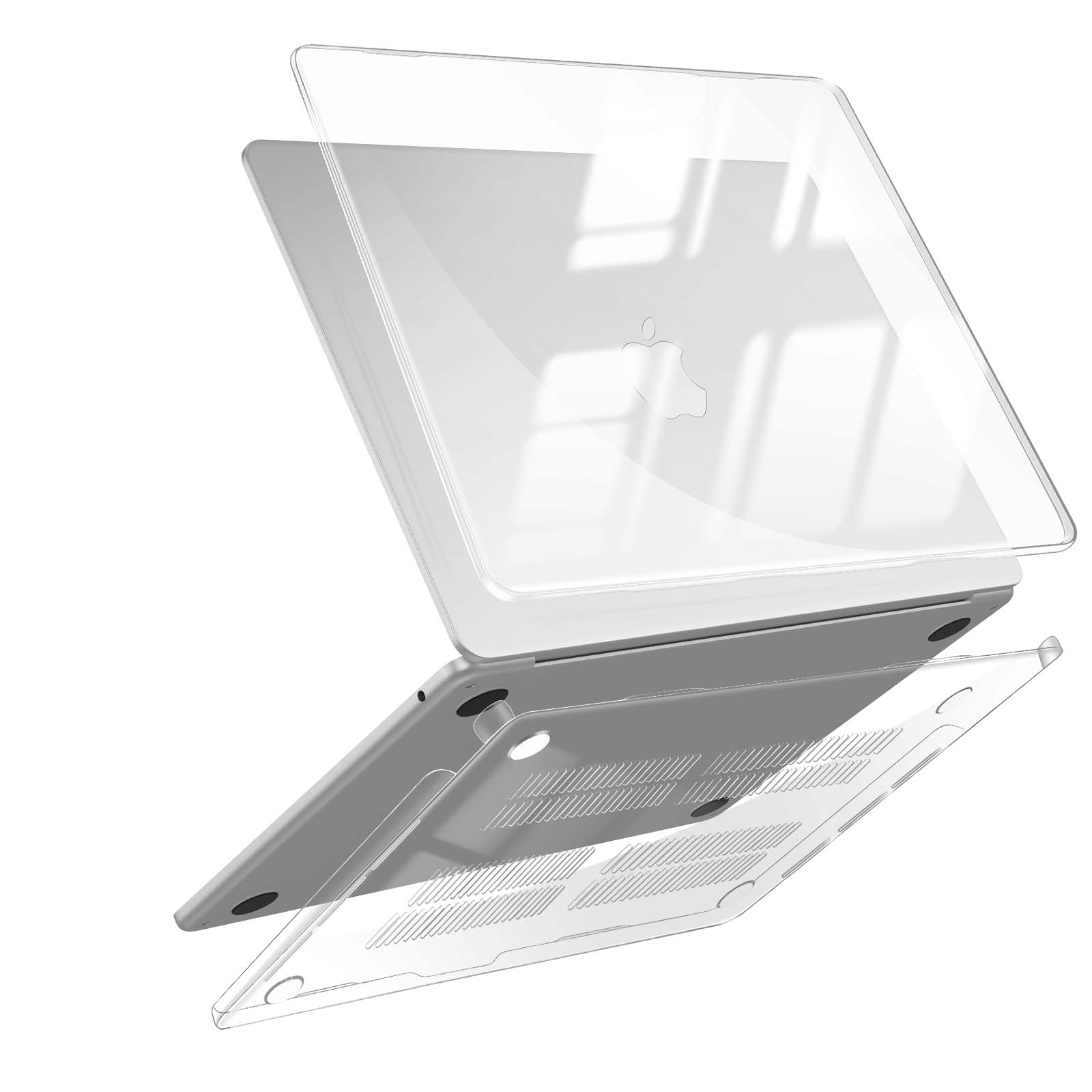 Un laptop e la sua cover trasparente. Parti inferiore e superiore separate e fluttuanti.