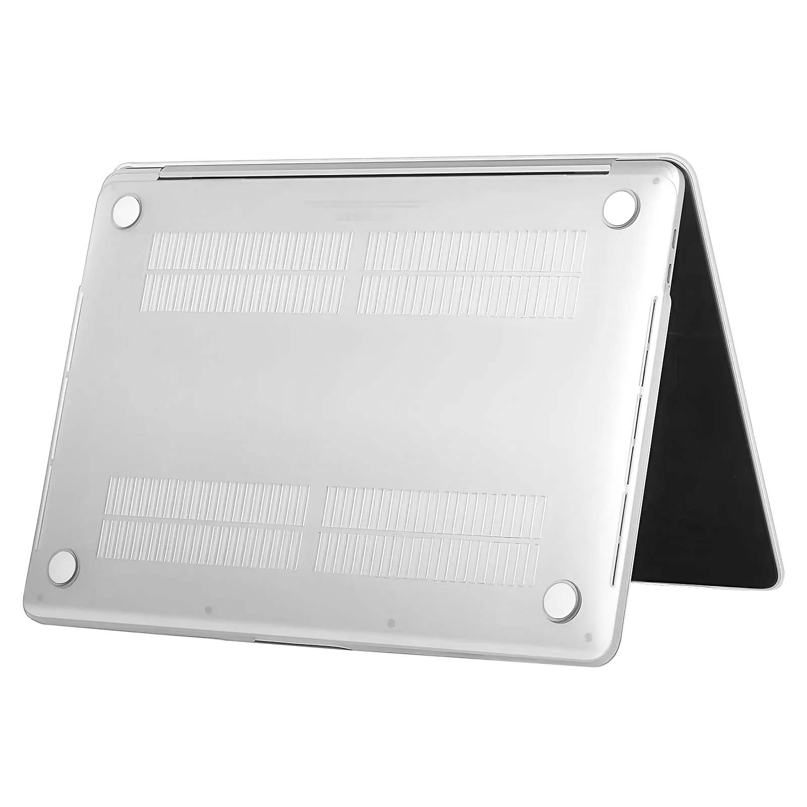 Una custodia per laptop argentata con prese d'aria visibili e piedini in gomma.