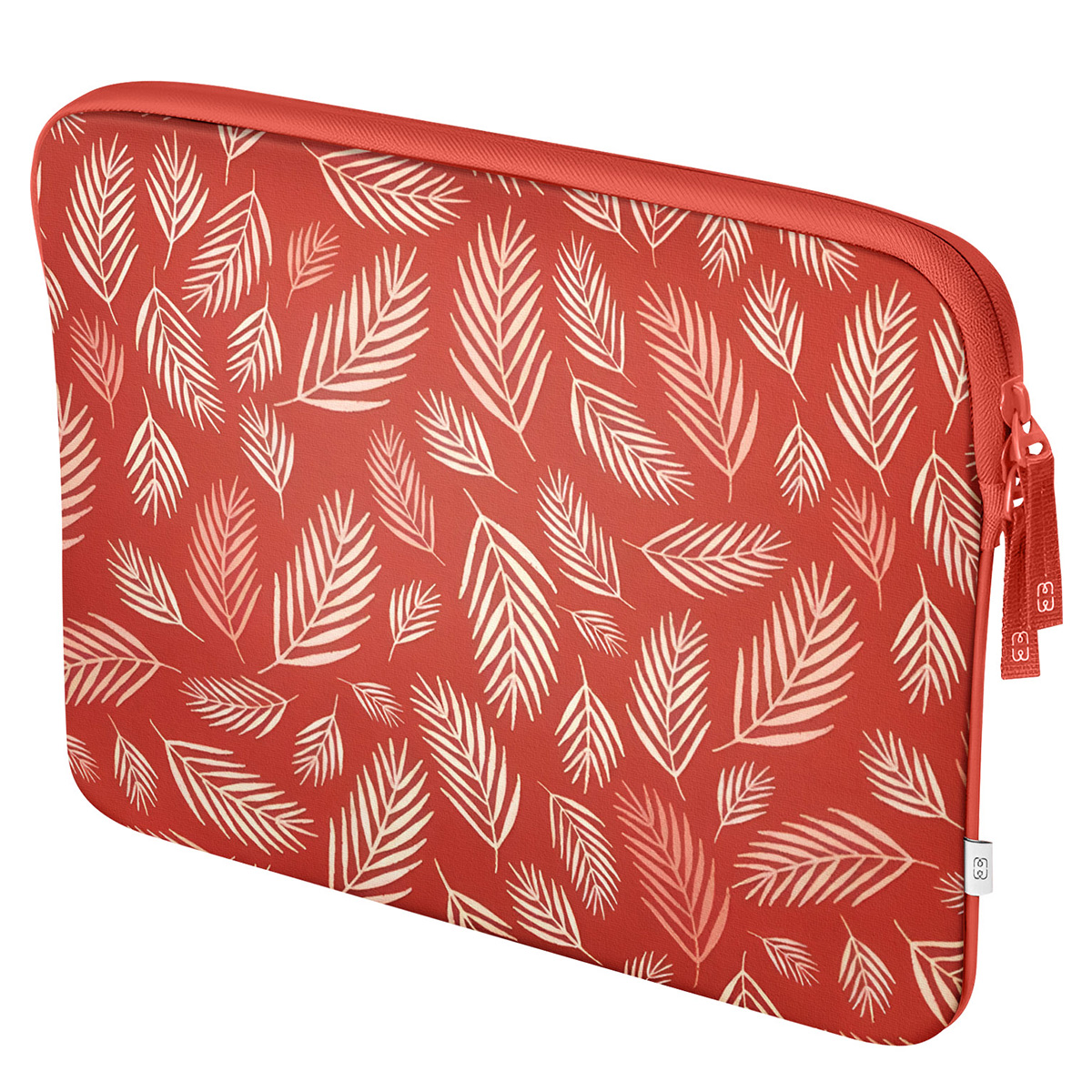 Laptop sleeve with a red background and white leaf pattern. Zipper is on the right.