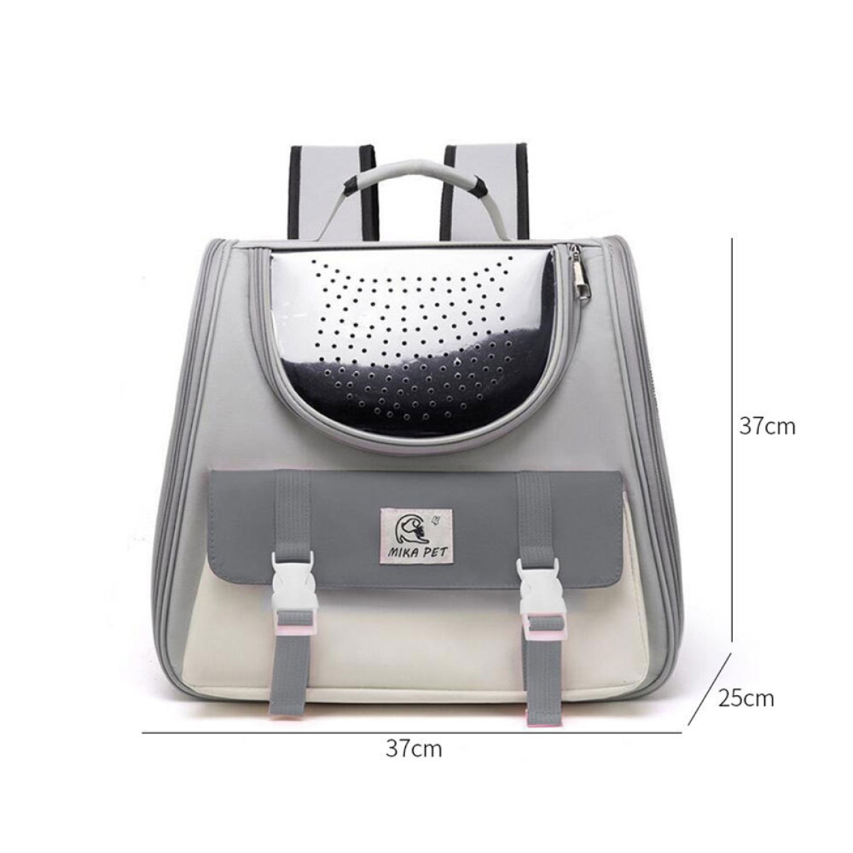 Una mochila para mascotas gris y blanca con dimensiones, vista en ángulo.