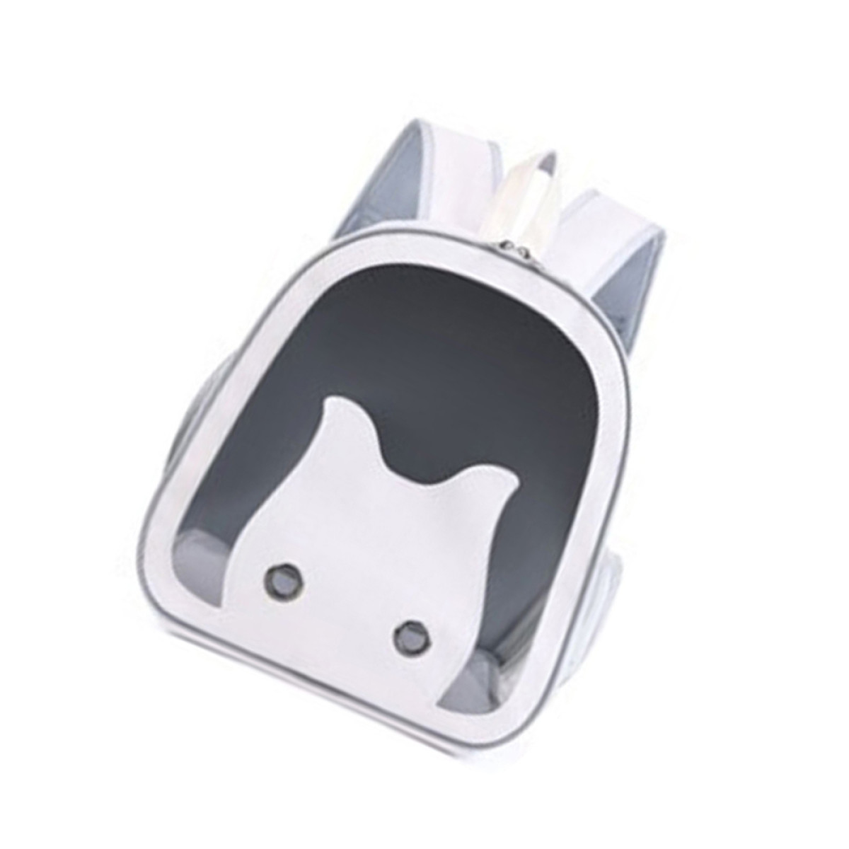 Een witte en grijze kattenrugzak, schuine weergave op wit.