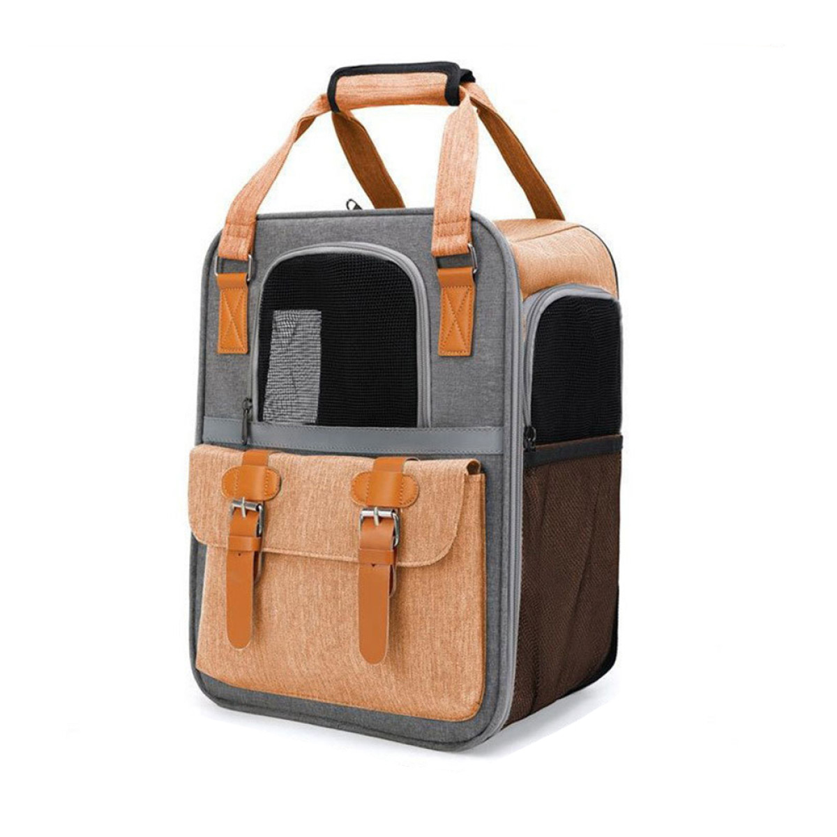 Mochila transportadora para mascotas gris y naranja con asa, bolsillos y ventanas de malla. Tiene hebillas. Sin dimensiones.
