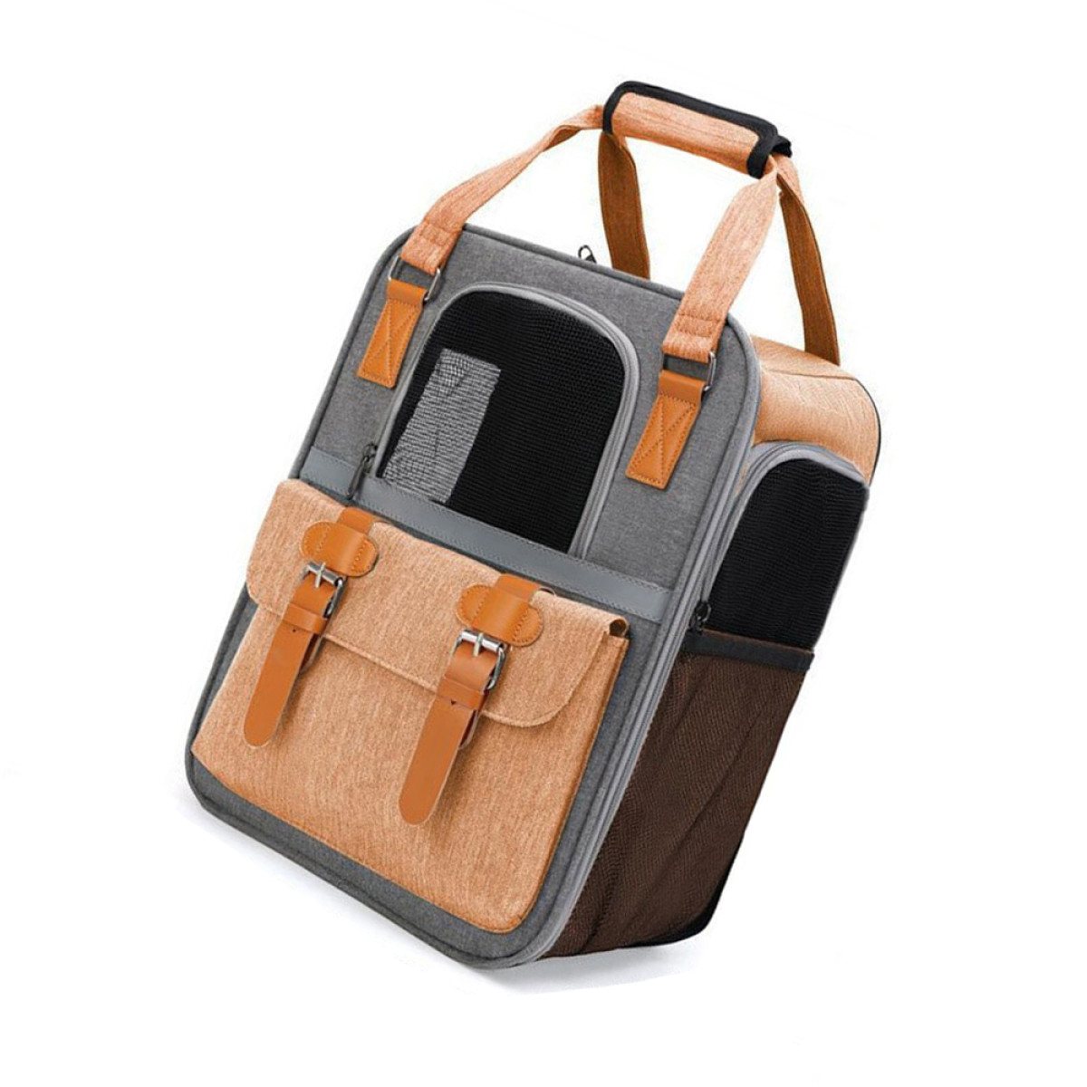 Mochila transportadora para mascotas, gris y beige con detalles marrones, correas de cuero y ventana de malla.
