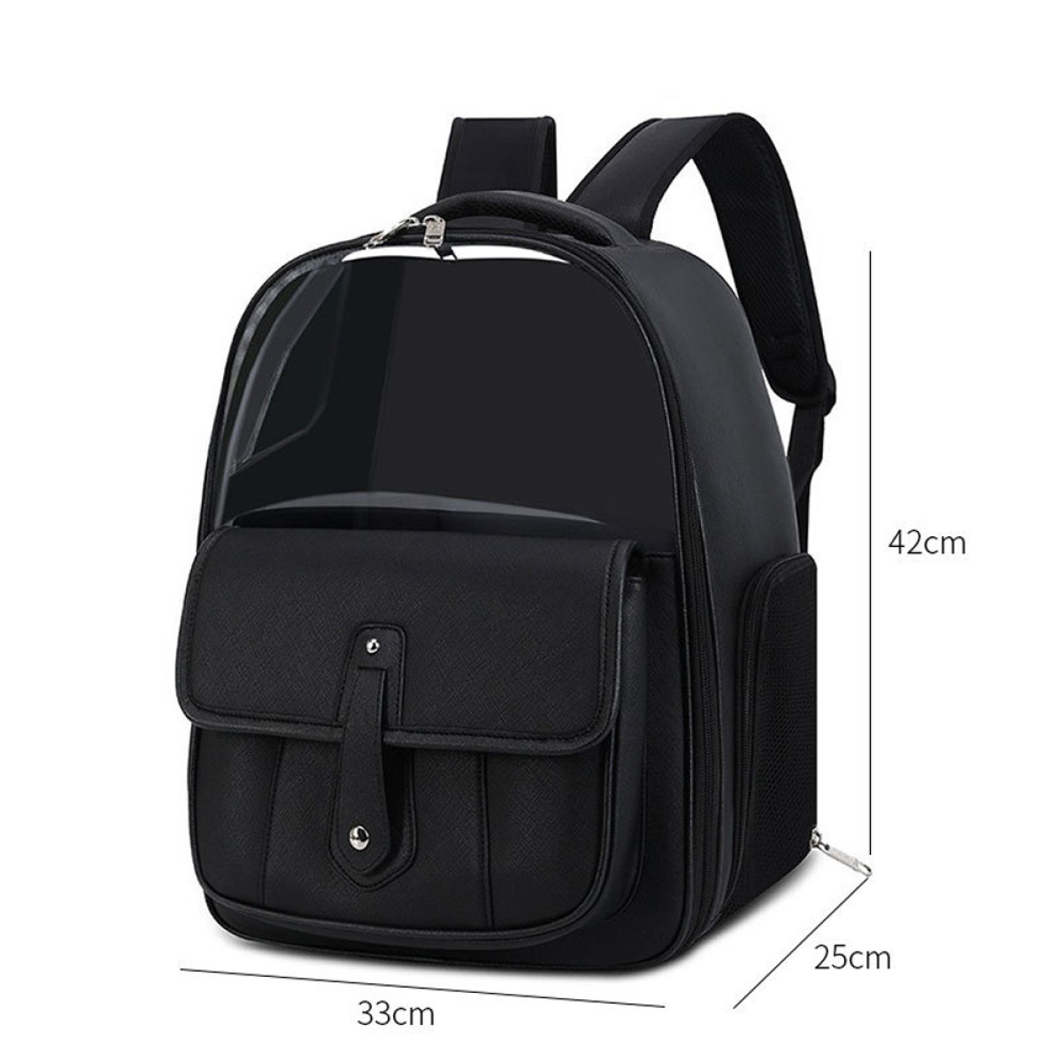 Mochila transportadora para mascotas negra con parte superior transparente. Tiene un bolsillo delantero con cierre a presión. Dimensiones indicadas.
