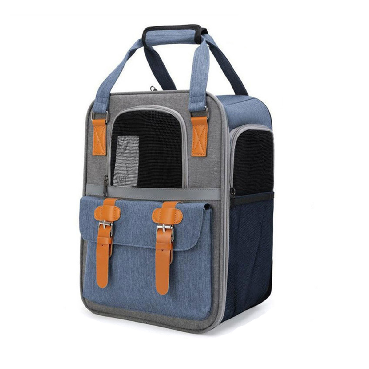 Bolsa de transporte para mascotas, gris y azul con asa y bolsillos. Fondo blanco.