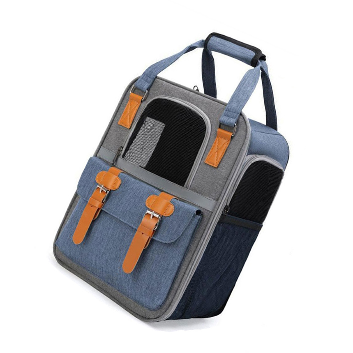 Mochila transportadora para mascotas, azul y gris con detalles marrones, correas de cuero y ventana de malla.