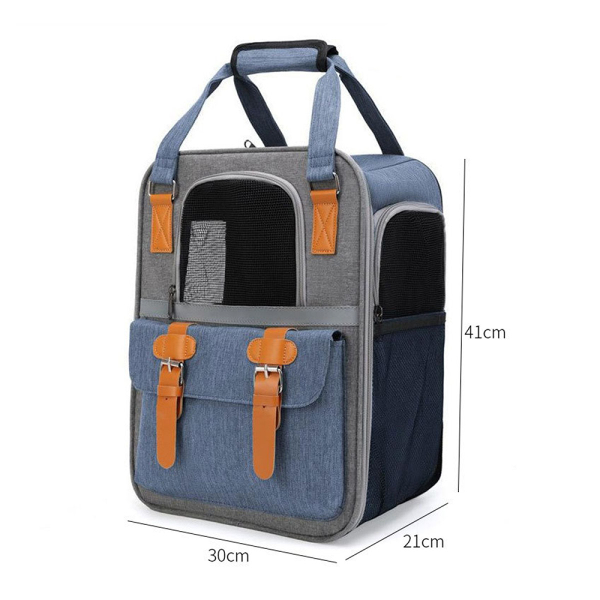 Mochila transportadora para mascotas azul y gris con correas y hebillas naranjas. Tiene dimensiones. Incluye asa, bolsillo y ventana de malla.