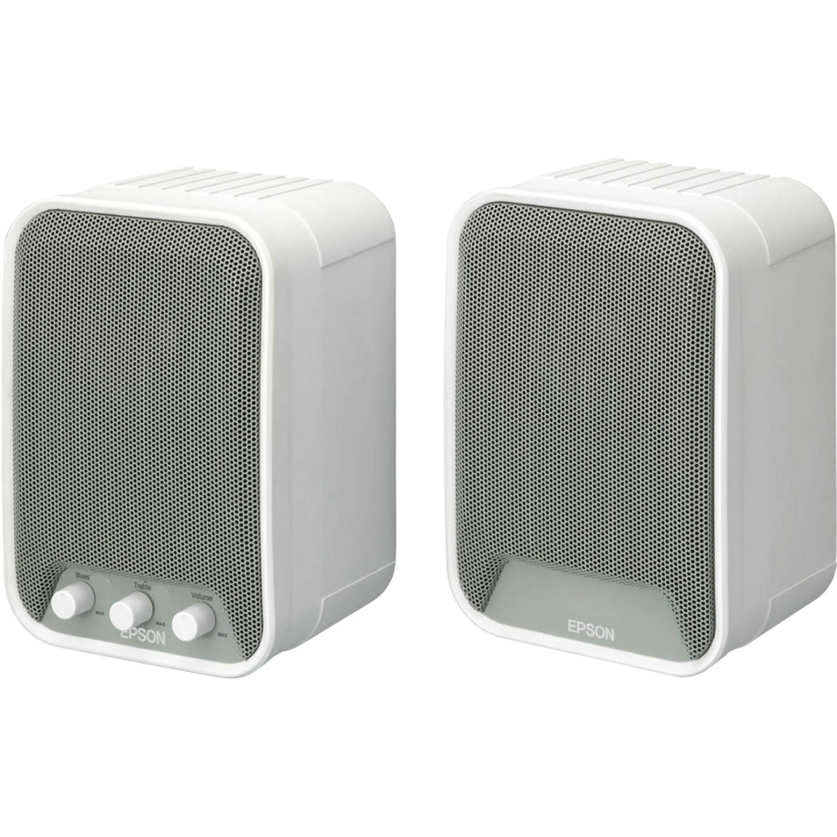 Two white EPSON speakers with grey mesh fronts, angled controls, and EPSON logos.