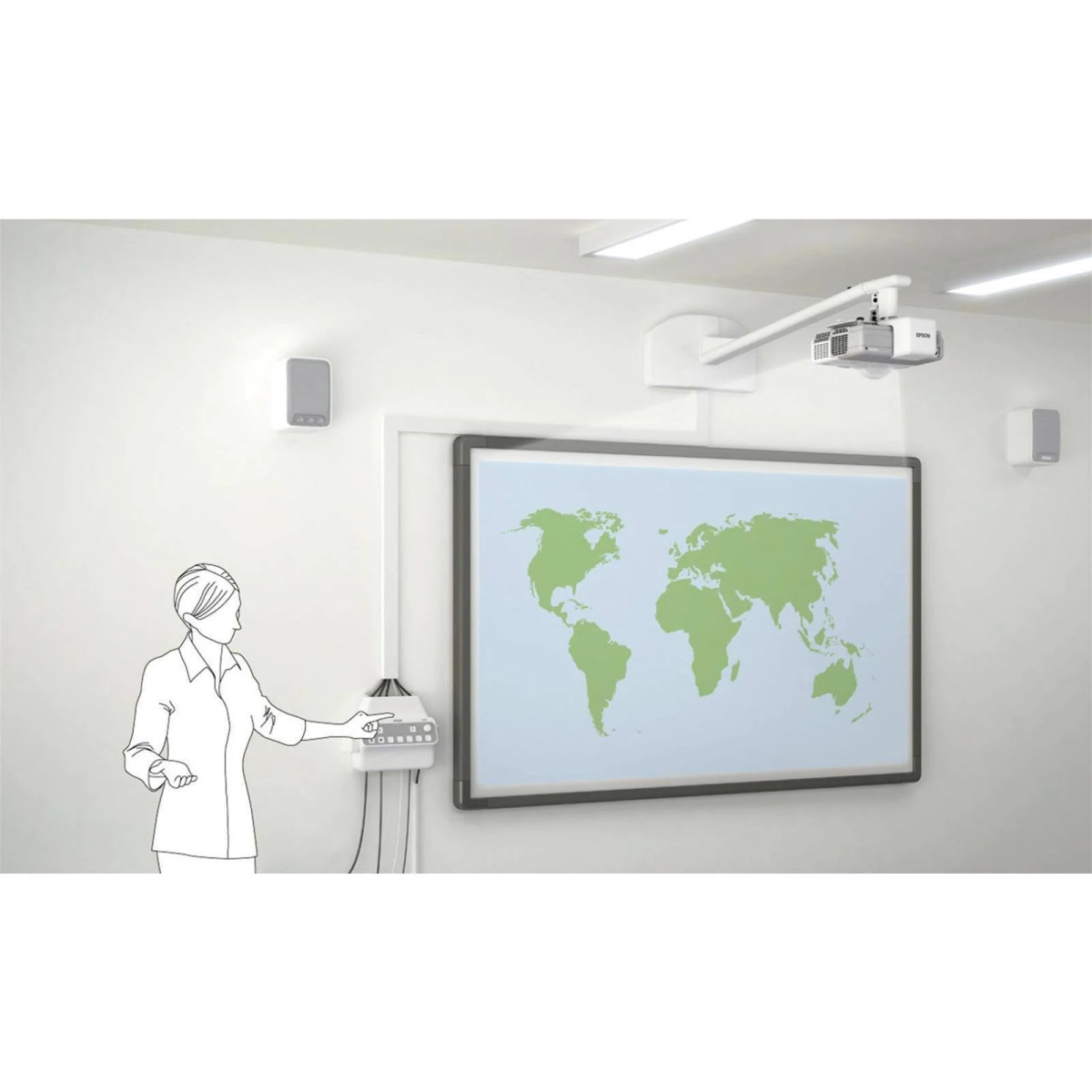 A woman stands near a control panel, pointing towards a whiteboard with a world map. Projector is above.