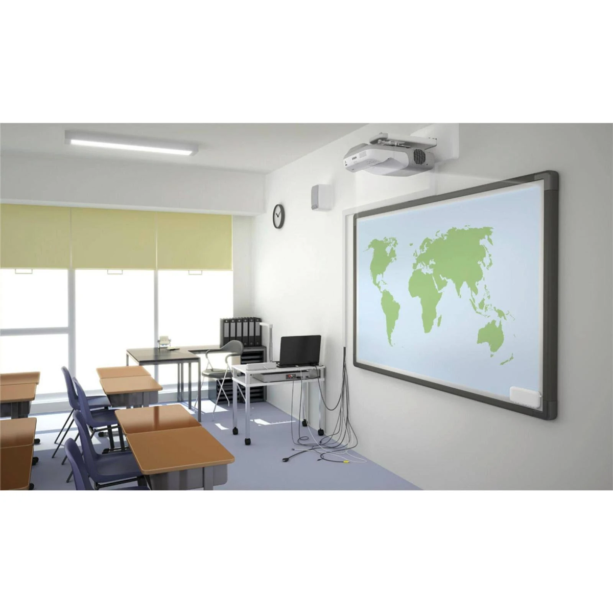 A classroom with a whiteboard showing a world map. Projector and speakers are mounted. Desks and chairs are present.