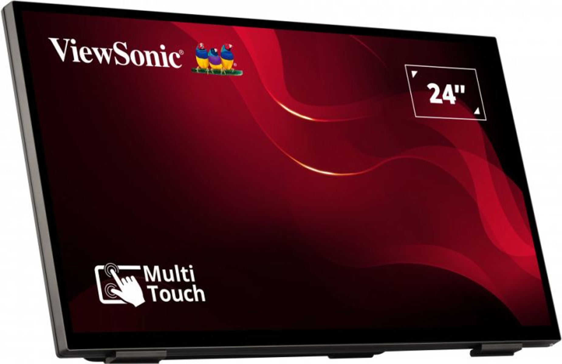 ViewSonic Monitor mit rotem Hintergrund und Multi-Touch.