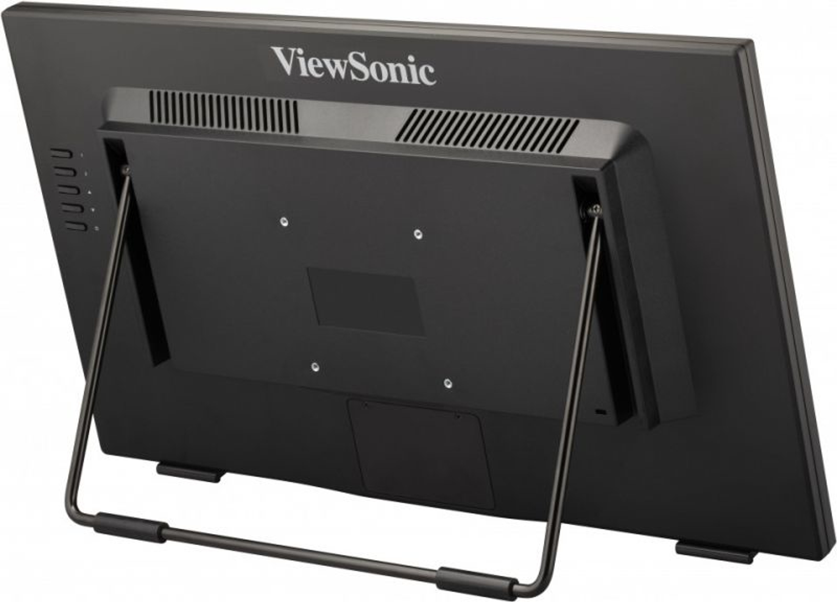 Rückansicht eines schwarzen Monitors mit ViewSonic-Logo und Ständer.