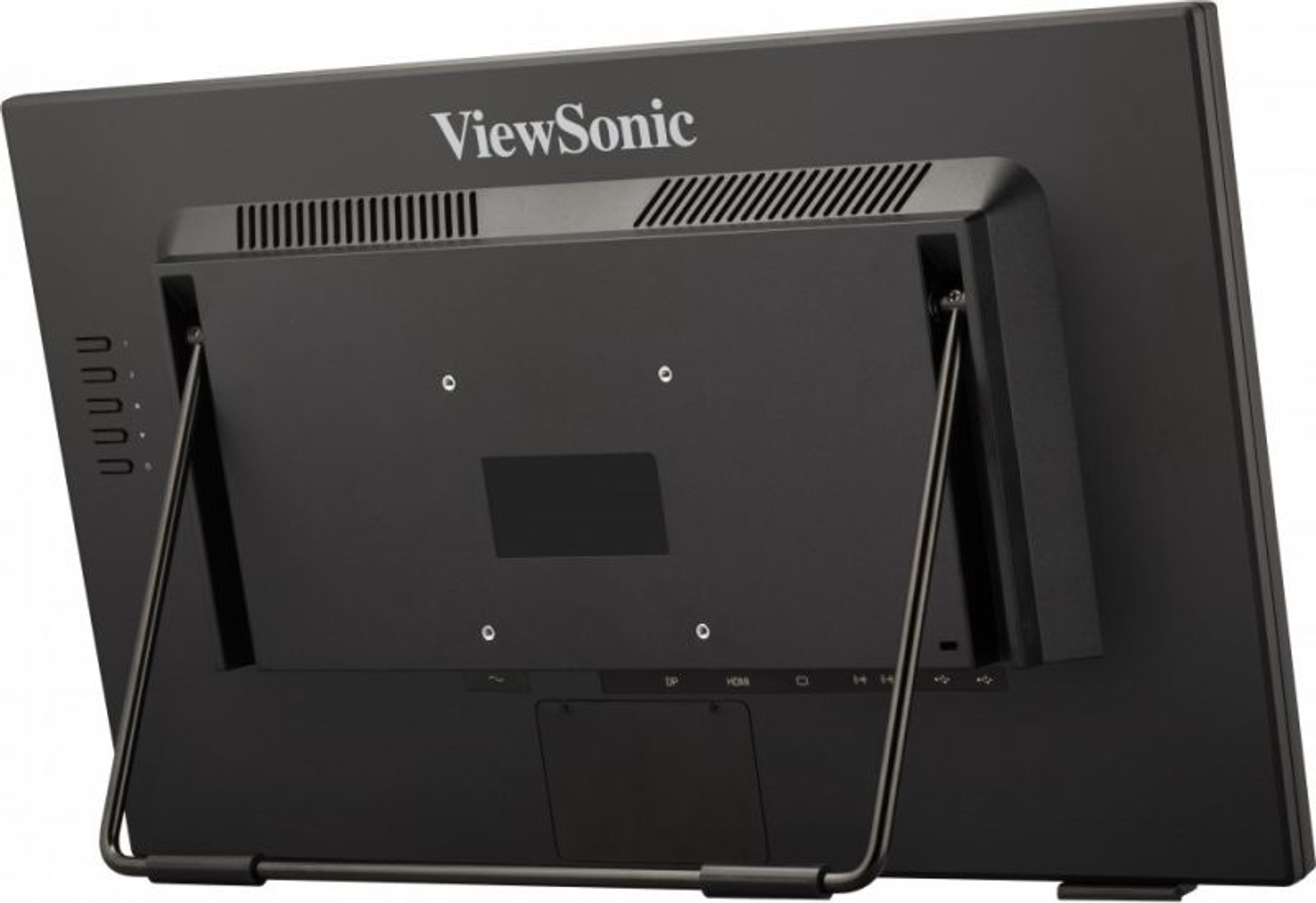 Die Rückseite eines schwarzen ViewSonic-Monitors mit Anschlüssen und einem Ständer.