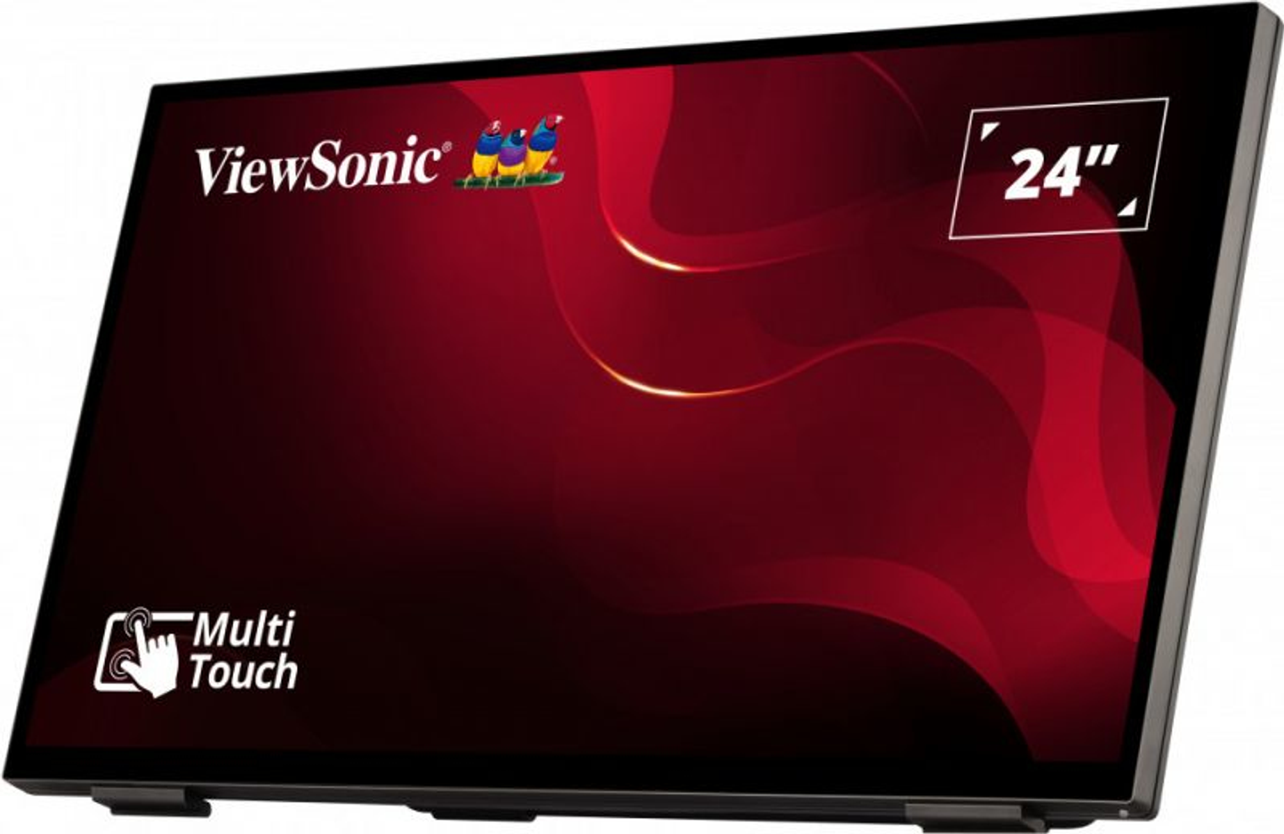 ViewSonic Monitor mit rotem Hintergrund und Multi-Touch-Funktion.
