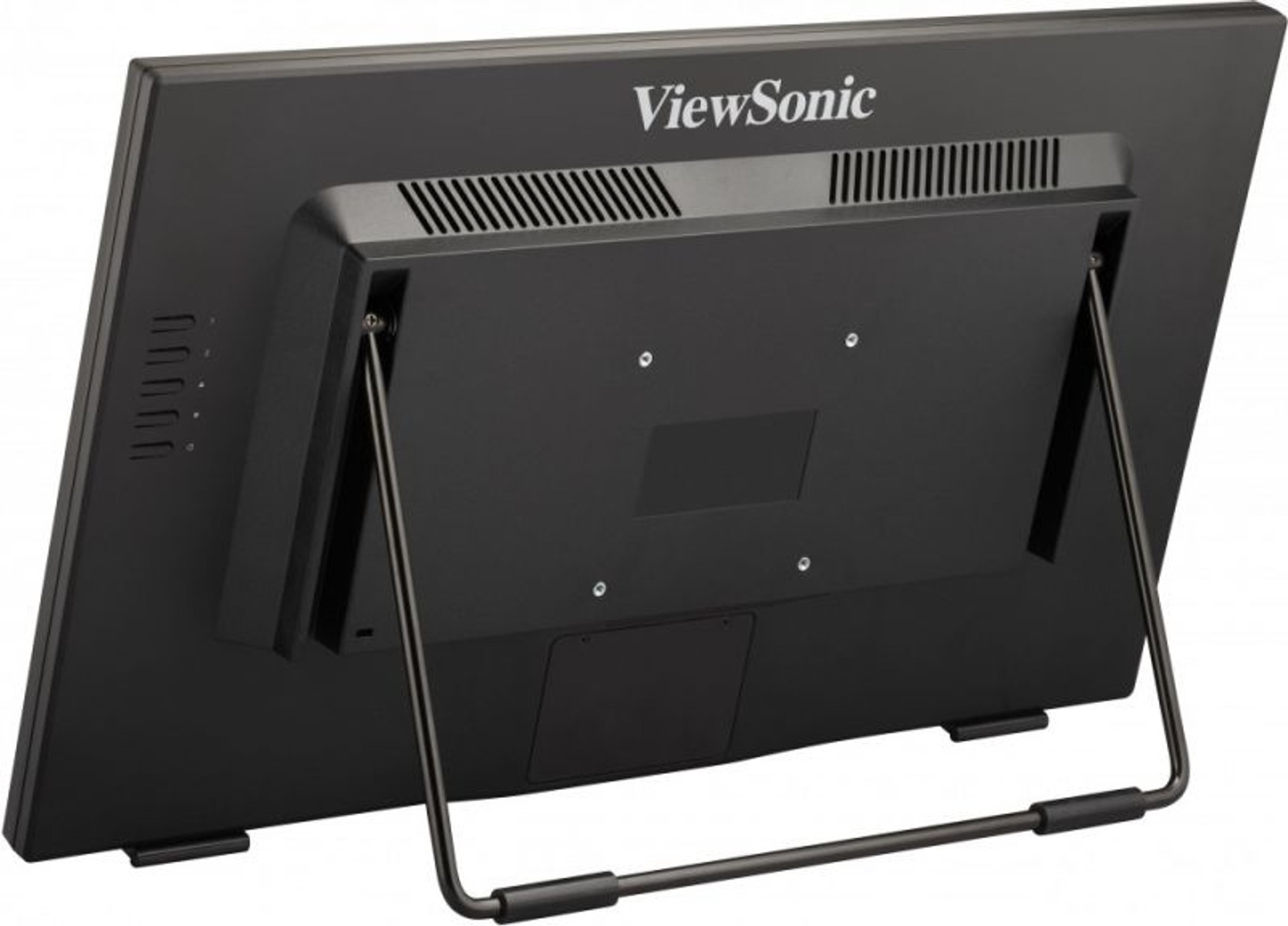 Rückansicht eines schwarzen Monitors mit ViewSonic-Logo und Ständer.