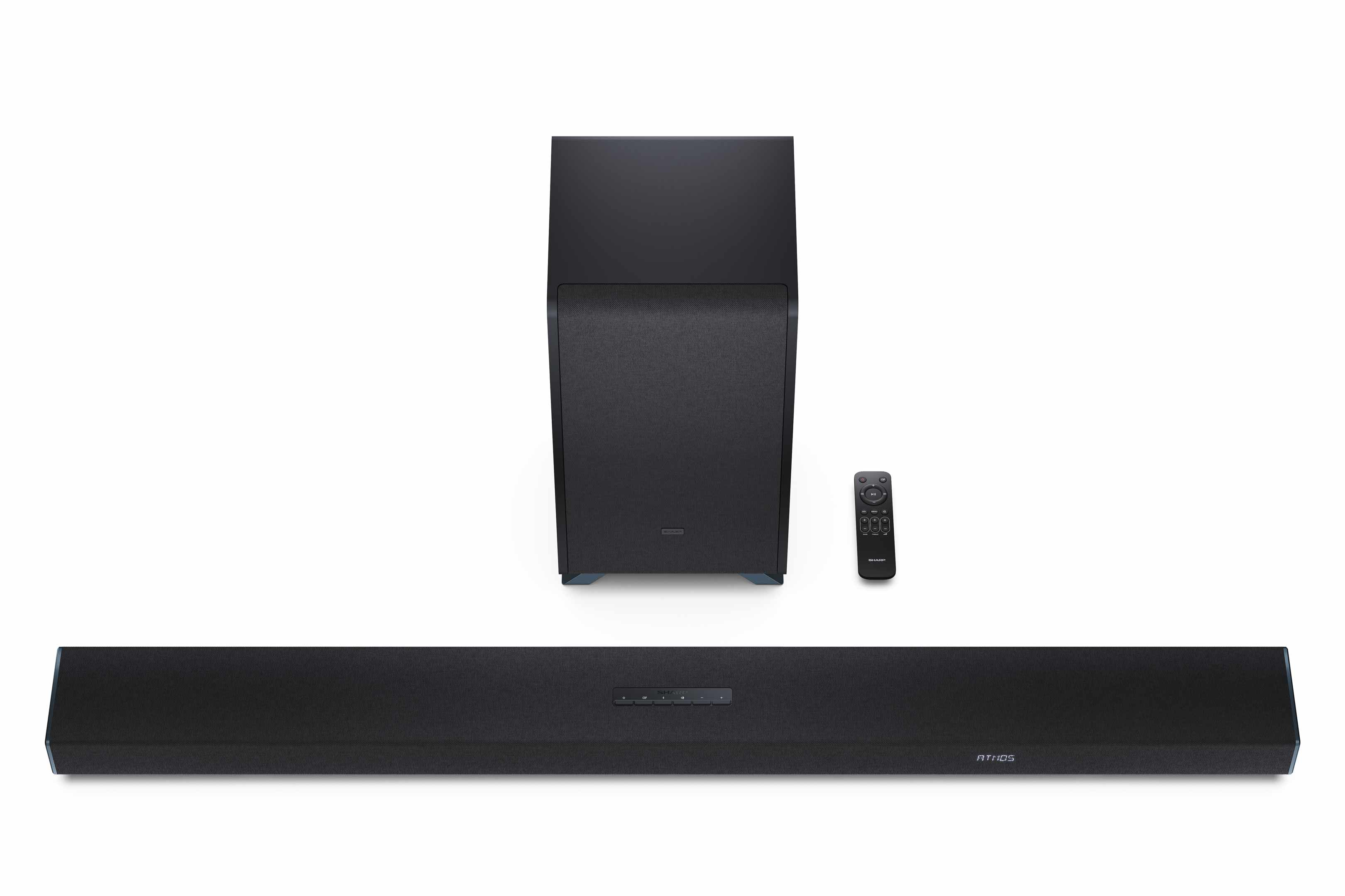 Una soundbar nera, un subwoofer e un telecomando.