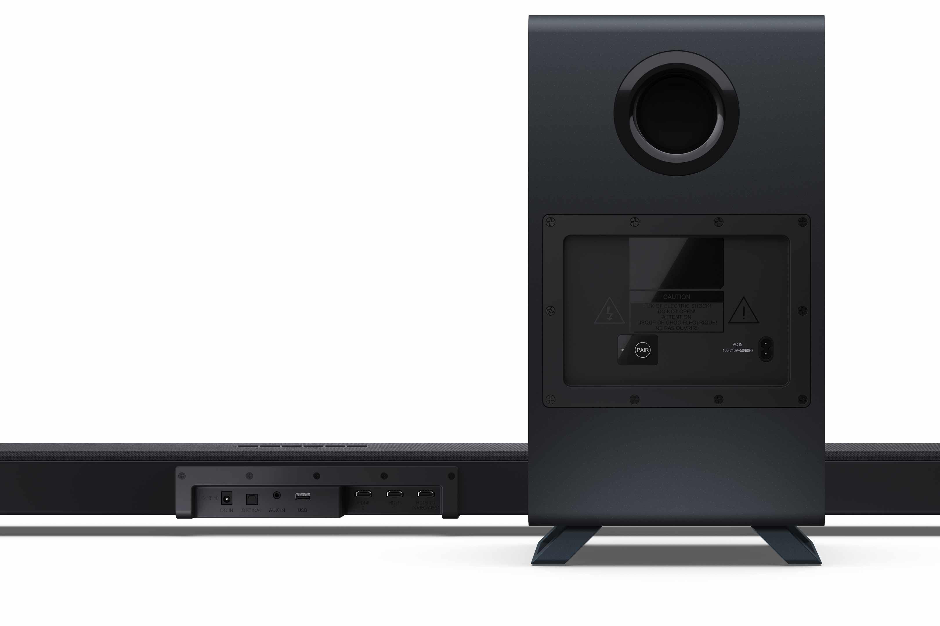 Il retro di un subwoofer e soundbar che mostra porte e connessioni.