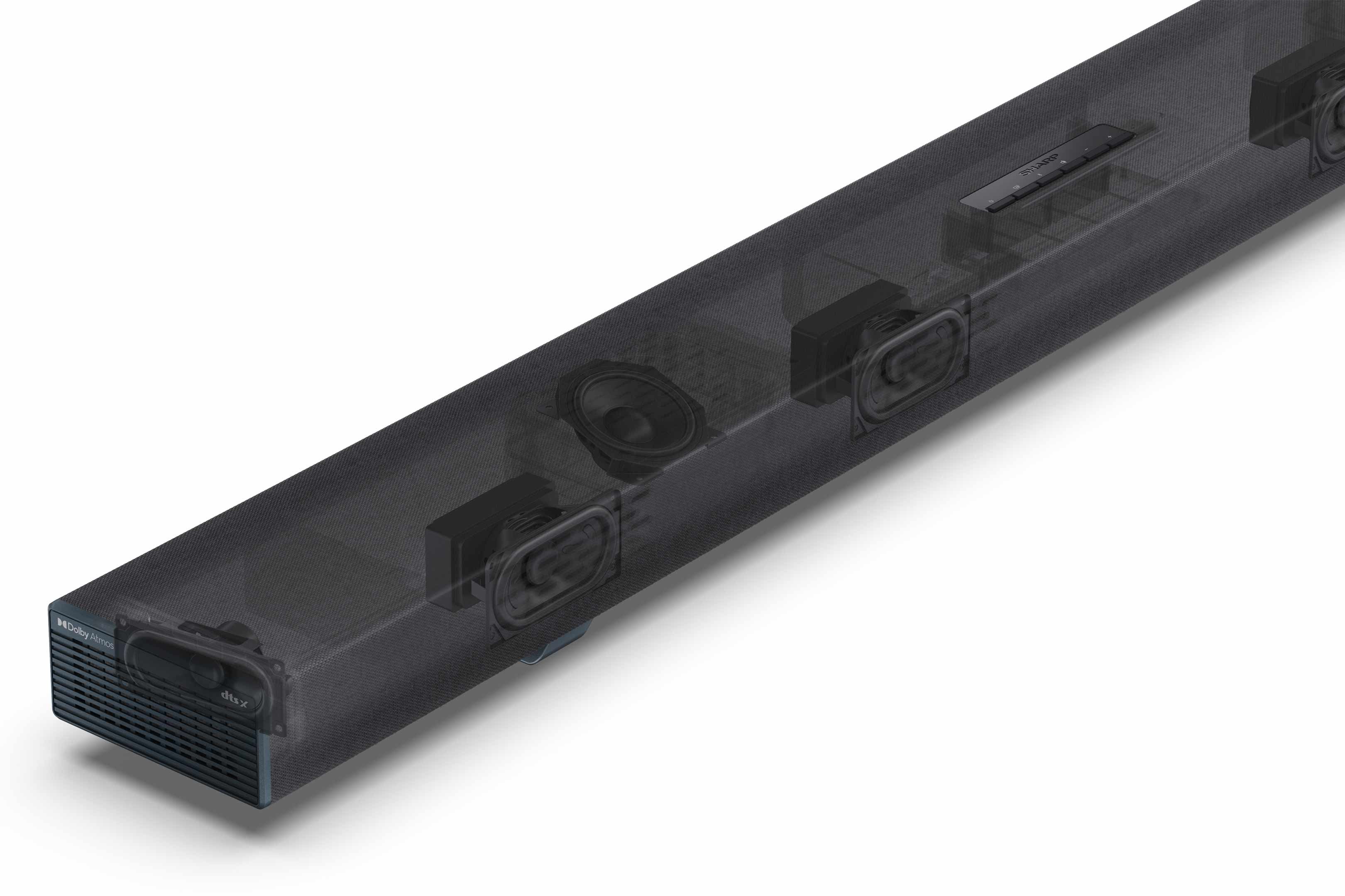 Una vista sezionata di una soundbar che mostra i diffusori interni.