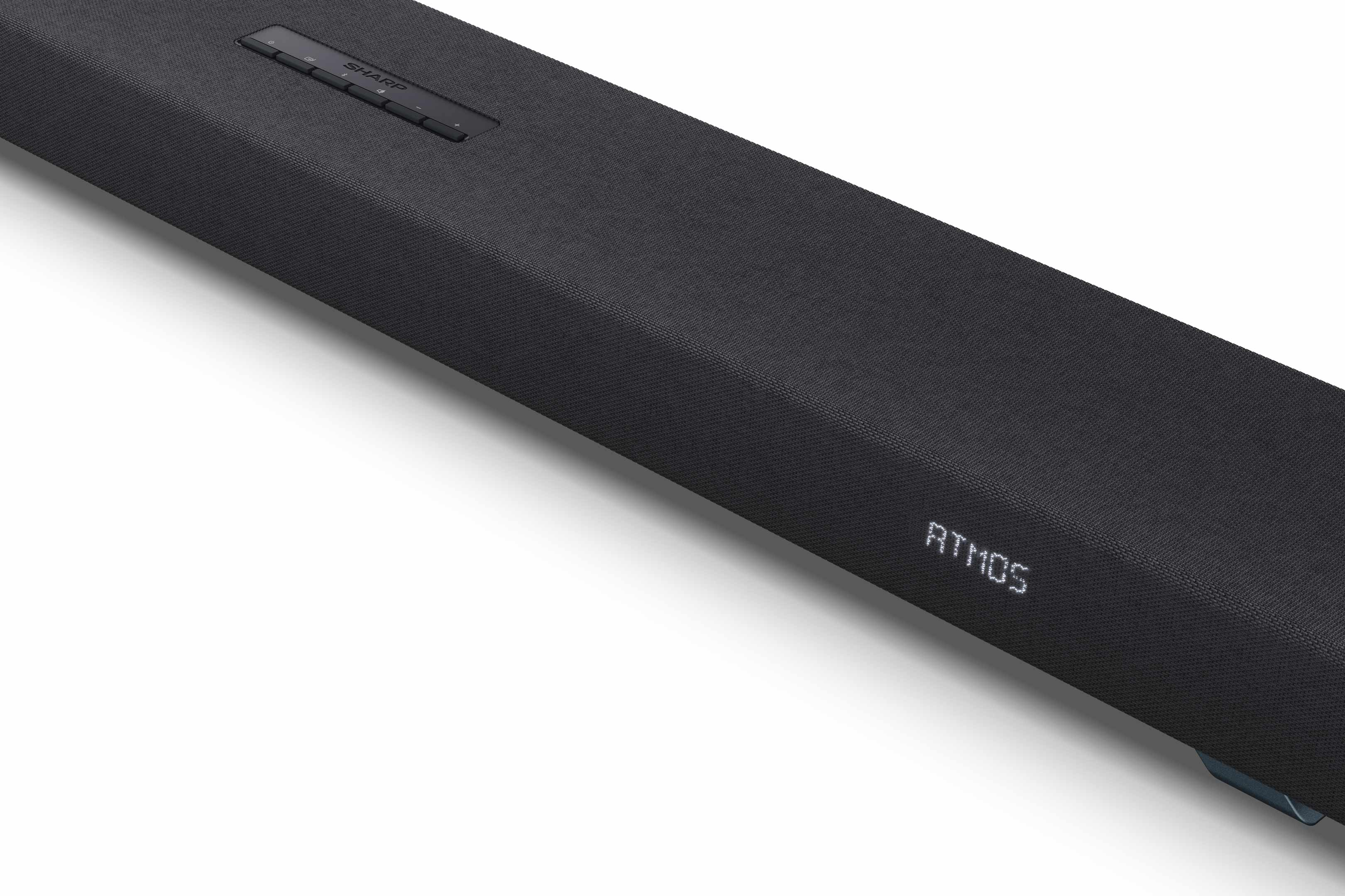 Un primo piano di una soundbar che mostra l'etichetta Atmos.