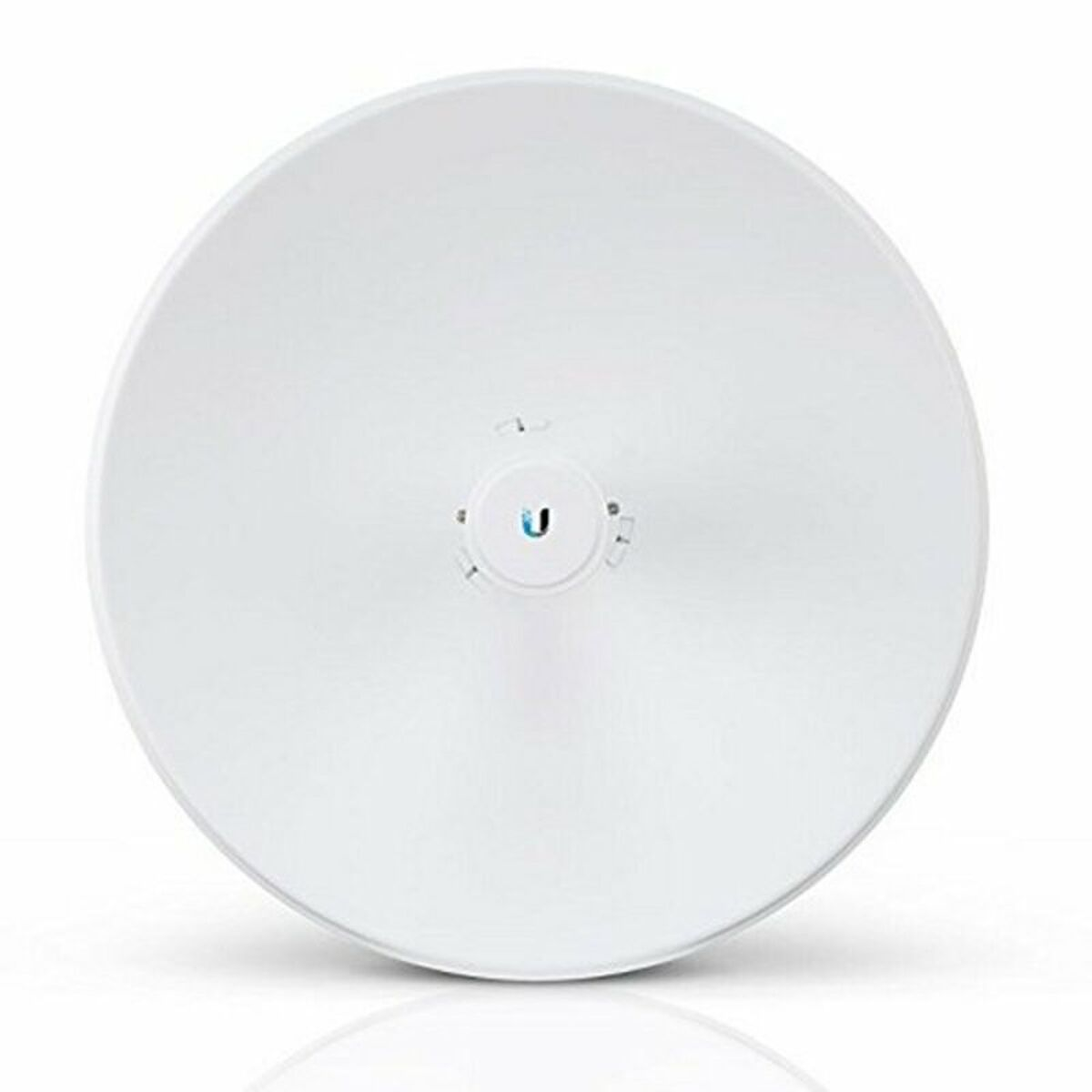 Antenna parabolica bianca, rotonda con un mozzo centrale. Con il logo Ubiquiti.