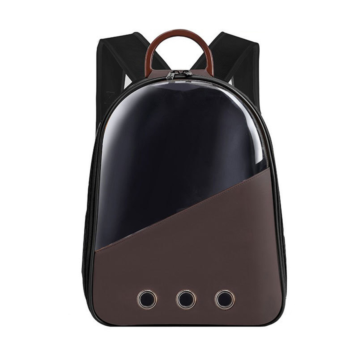 Mochila transportadora para mascotas marrón y negra. Panel frontal de plástico transparente. Asa y correas marrones. Tres orificios de aire en la parte inferior.