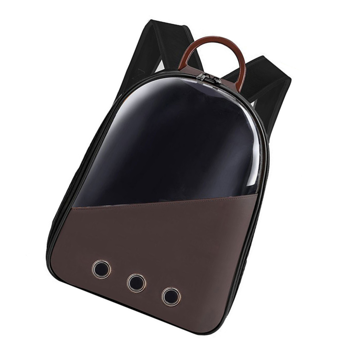 Mochila transportadora de mascotas marrón y negra con ventana de burbujas. Tiene un asa.