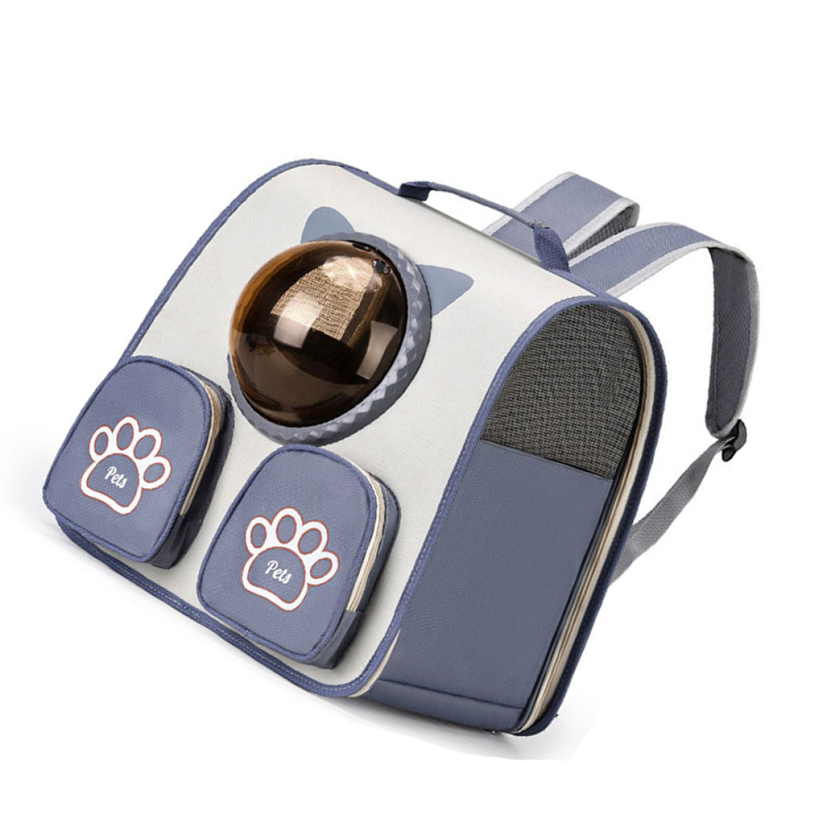 Blauw-witte rugzak voor huisdieren met een bubbelvenster en pootafdrukzakken. Schuine weergave.