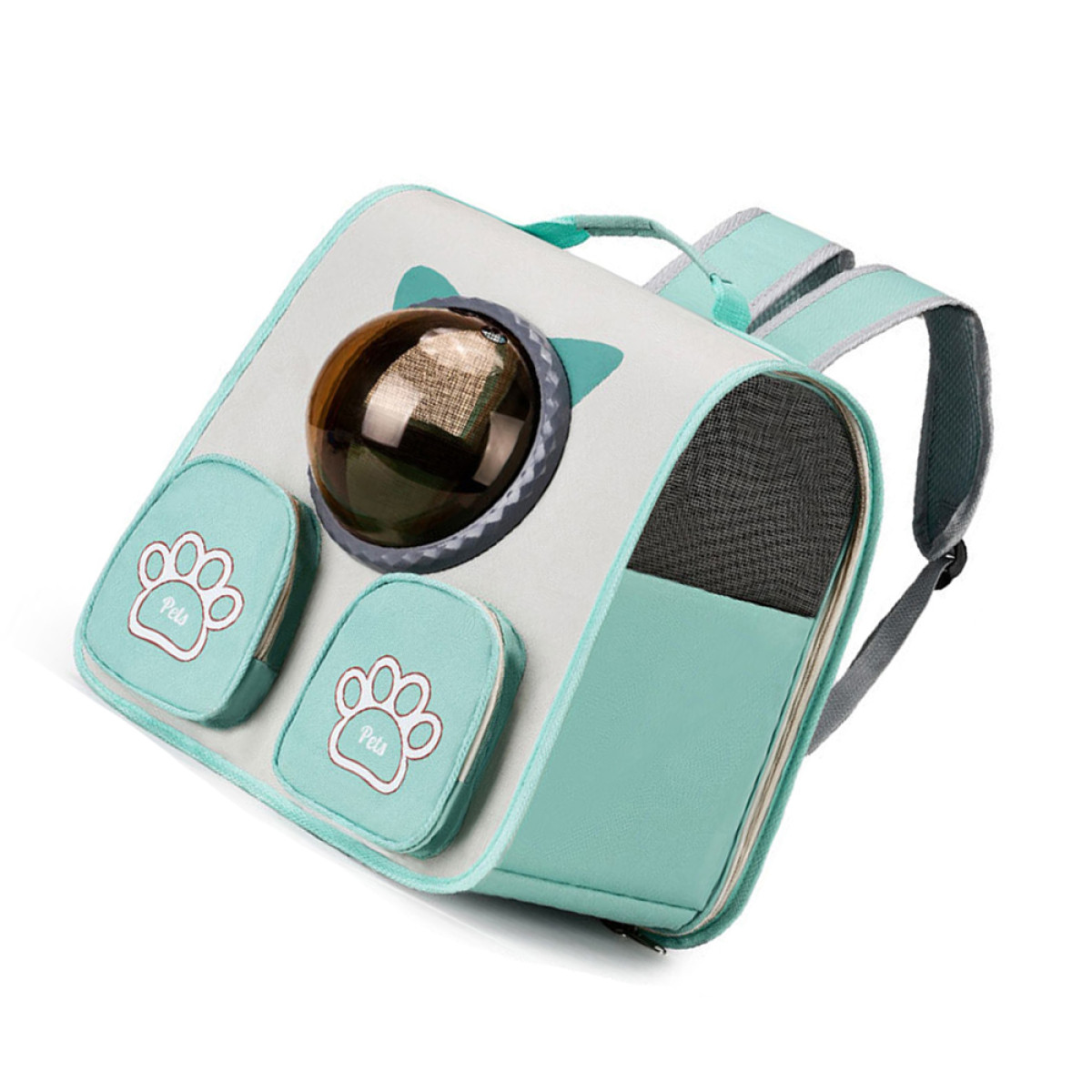 Mochila transportadora para mascotas verde menta y gris con ventana de burbuja transparente y bolsillos con huellas de pata.