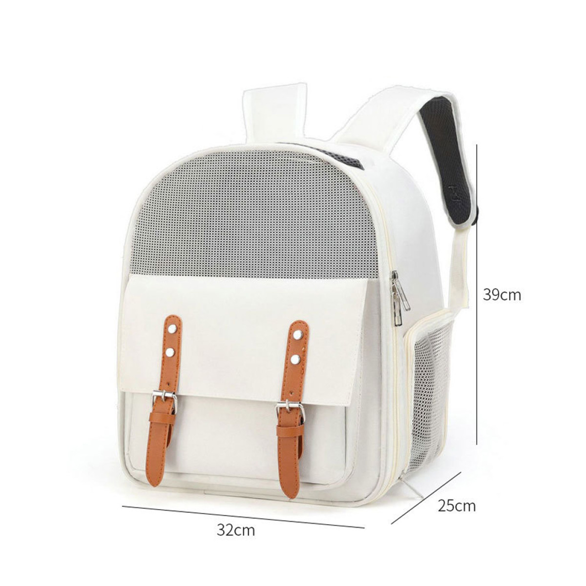 Mochila transportadora para mascotas blanca con dimensiones. Mide 32 cm de ancho, 39 cm de alto y 25 cm de profundidad.