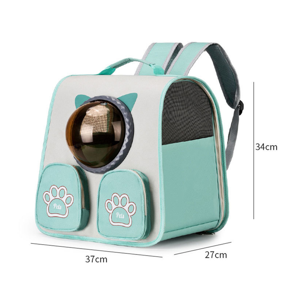 Mochila transportadora para mascotas verde menta y gris con ventana de burbuja transparente y bolsillos con huellas de pata.