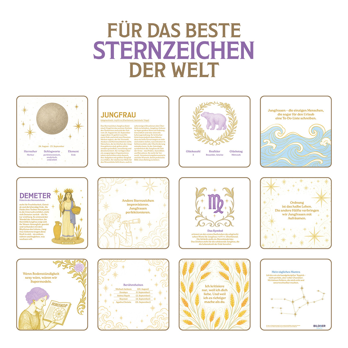 Kalenderseite mit mehreren Karten mit Tierkreiszeichen und zugehörigen Informationen. Der Text oben lautet 'FÜR DAS BESTE STERNZEICHEN DER WELT'.