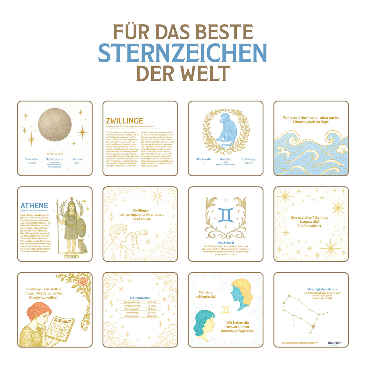 Kalenderseite mit mehreren Karten mit Tierkreiszeichen und zugehörigen Informationen. Der Text oben lautet 'FÜR DAS BESTE STERNZEICHEN DER WELT'.
